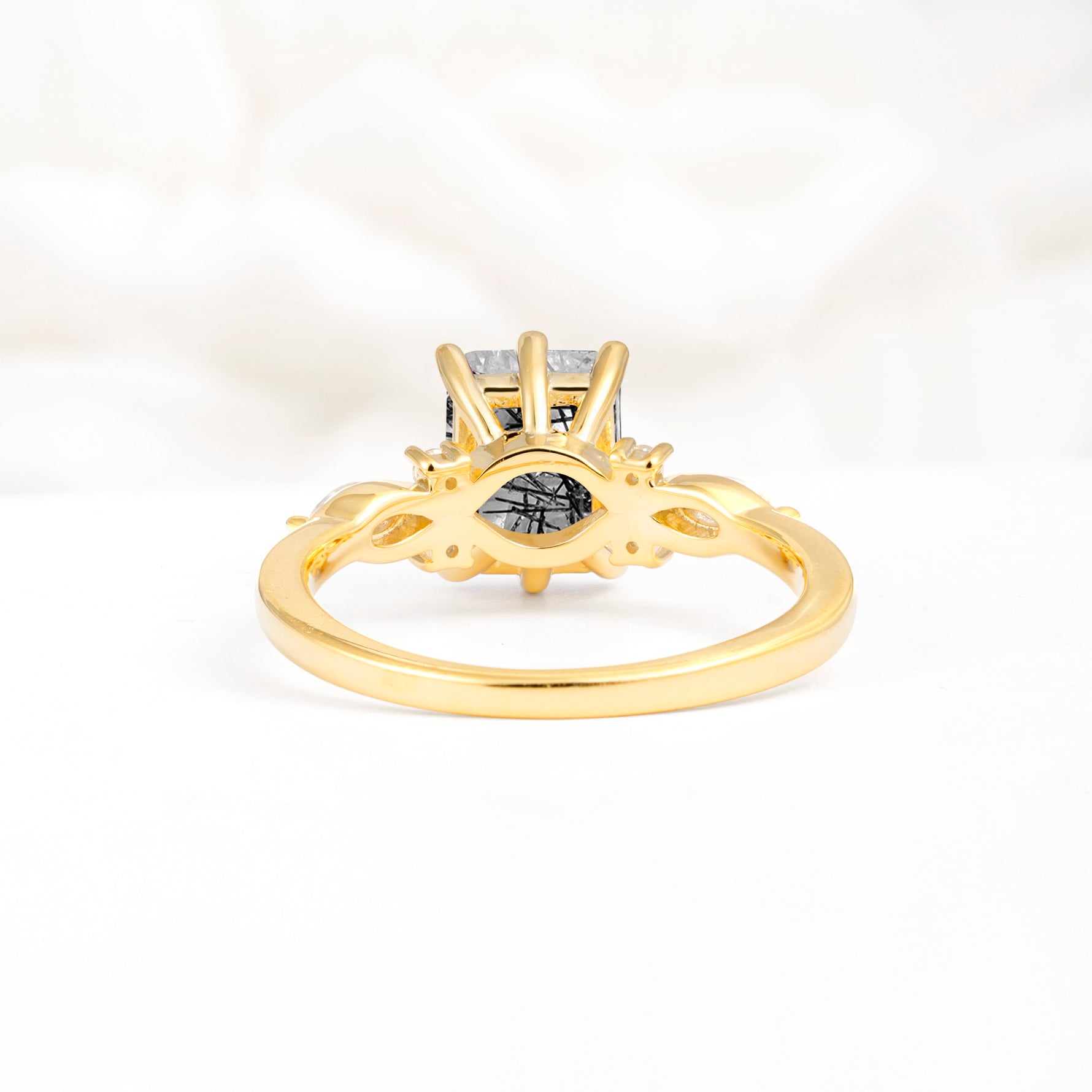 Classic Emerald Cut Leaf Side Accent Black Rutilated Quartz Engagement Ring - Additional view