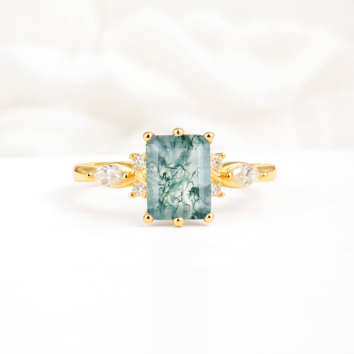 Classic Emerald Cut Leaf Side Accent Moss Agate Engagement Ring - Additional view