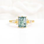 Classic Emerald Cut Leaf Side Accent Moss Agate Engagement Ring - Additional view