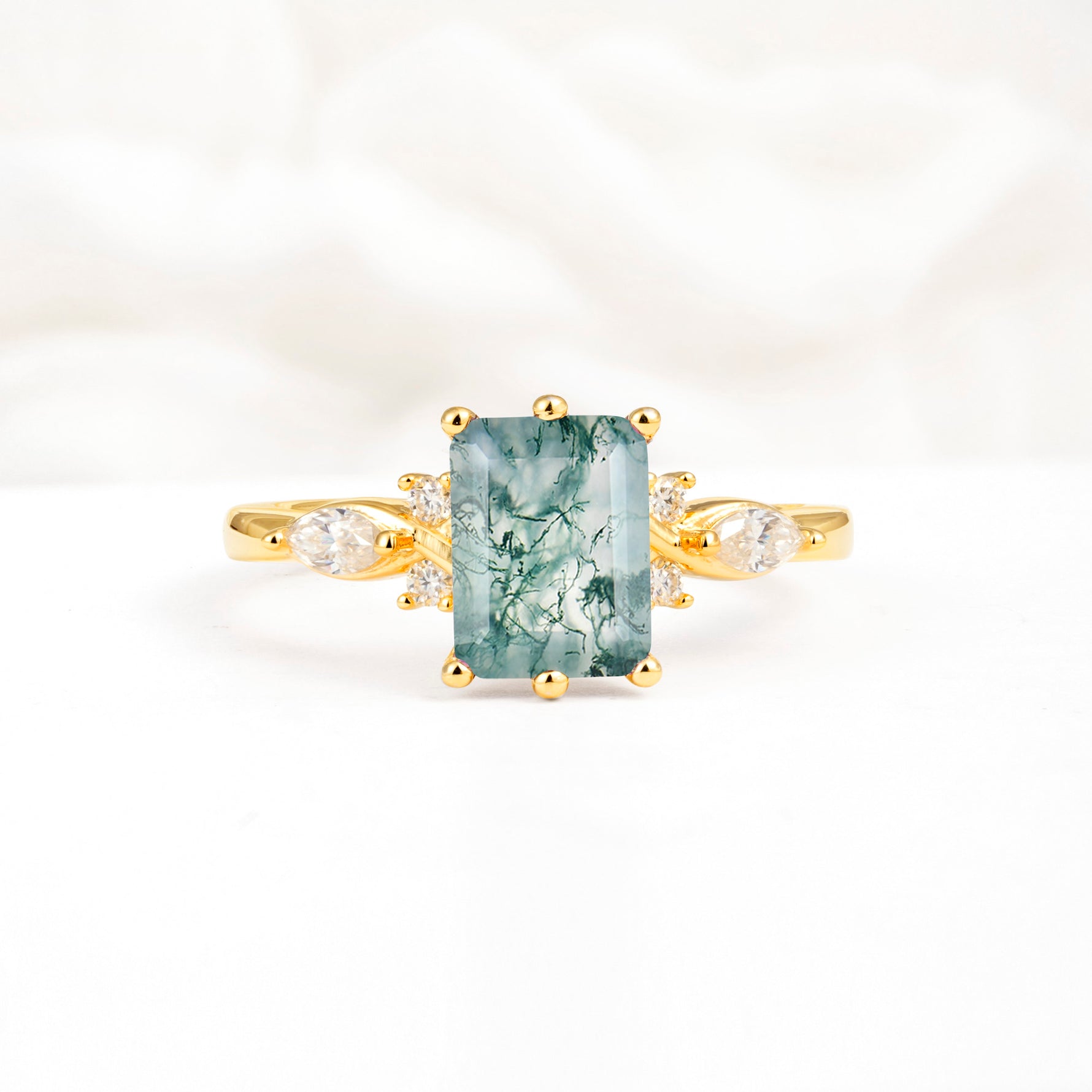 Classic Emerald Cut Leaf Side Accent Moss Agate Engagement Ring - Additional view