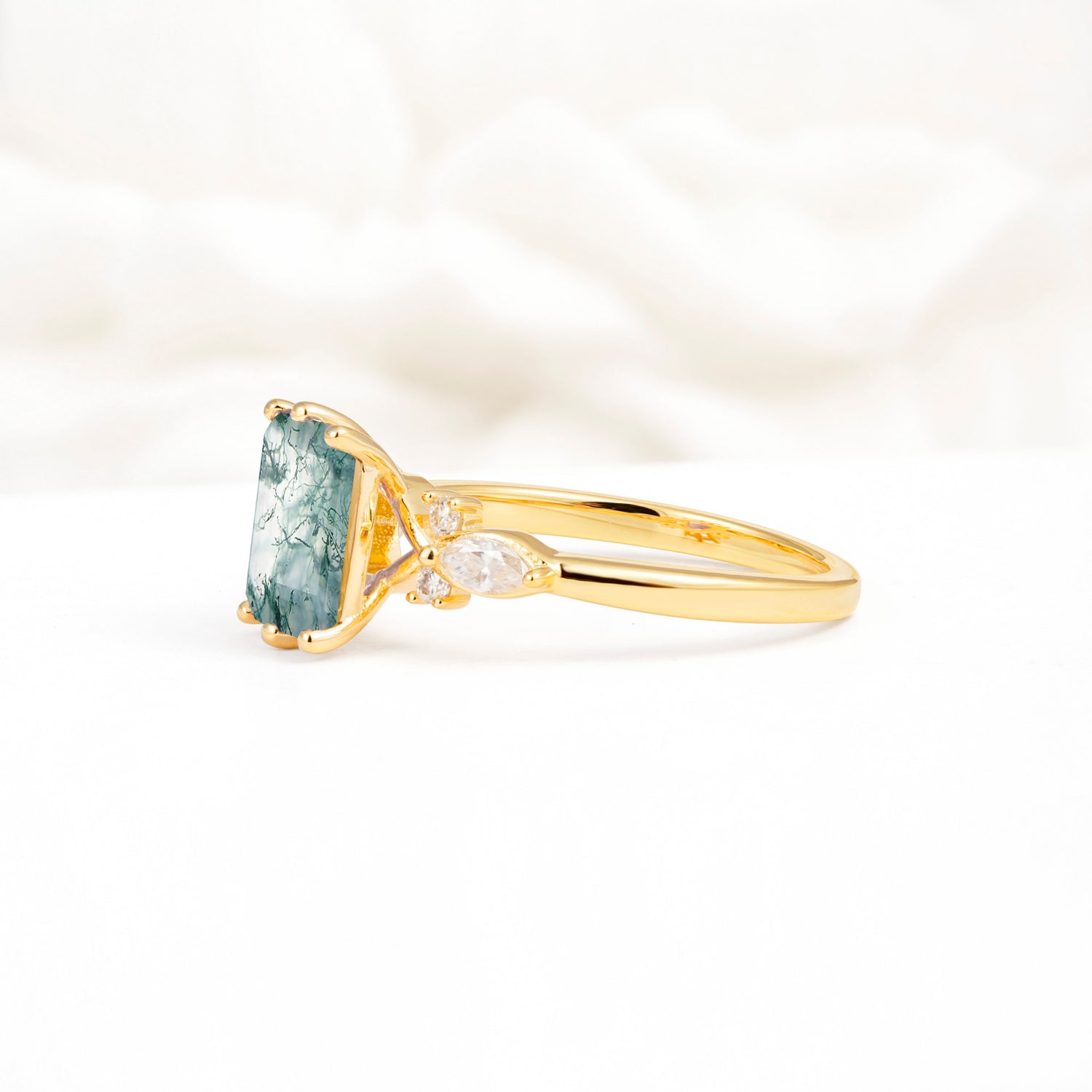 Classic Emerald Cut Leaf Side Accent Moss Agate Engagement Ring - Additional view