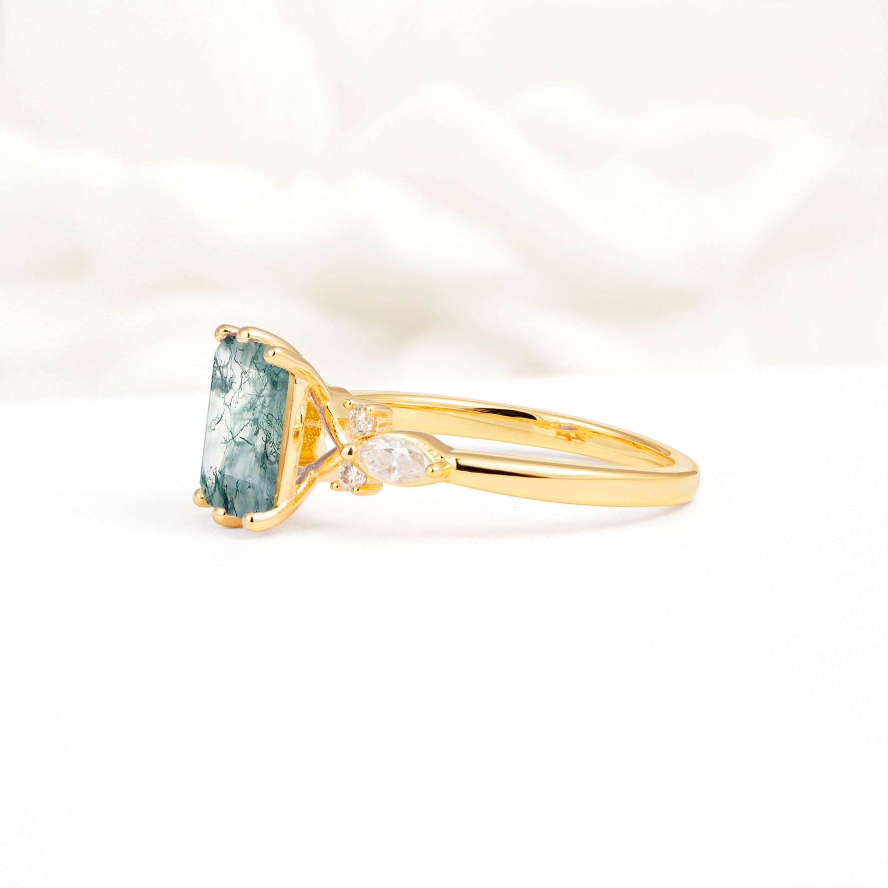Classic Emerald Cut Leaf Side Accent Moss Agate Engagement Ring - Additional view