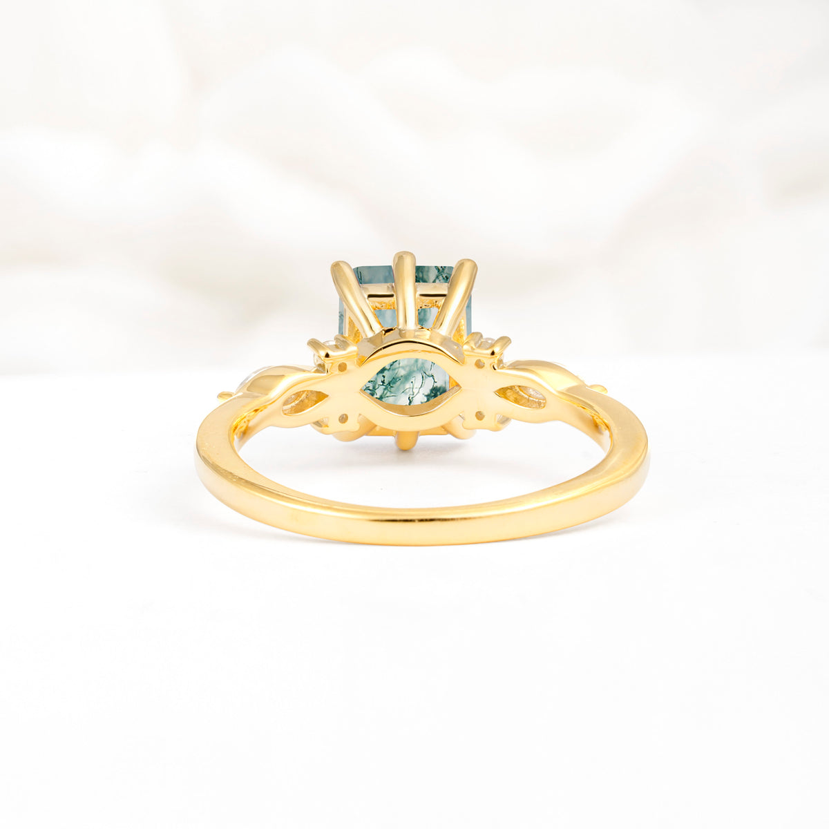 Classic Emerald Cut Leaf Side Accent Moss Agate Engagement Ring - Additional view