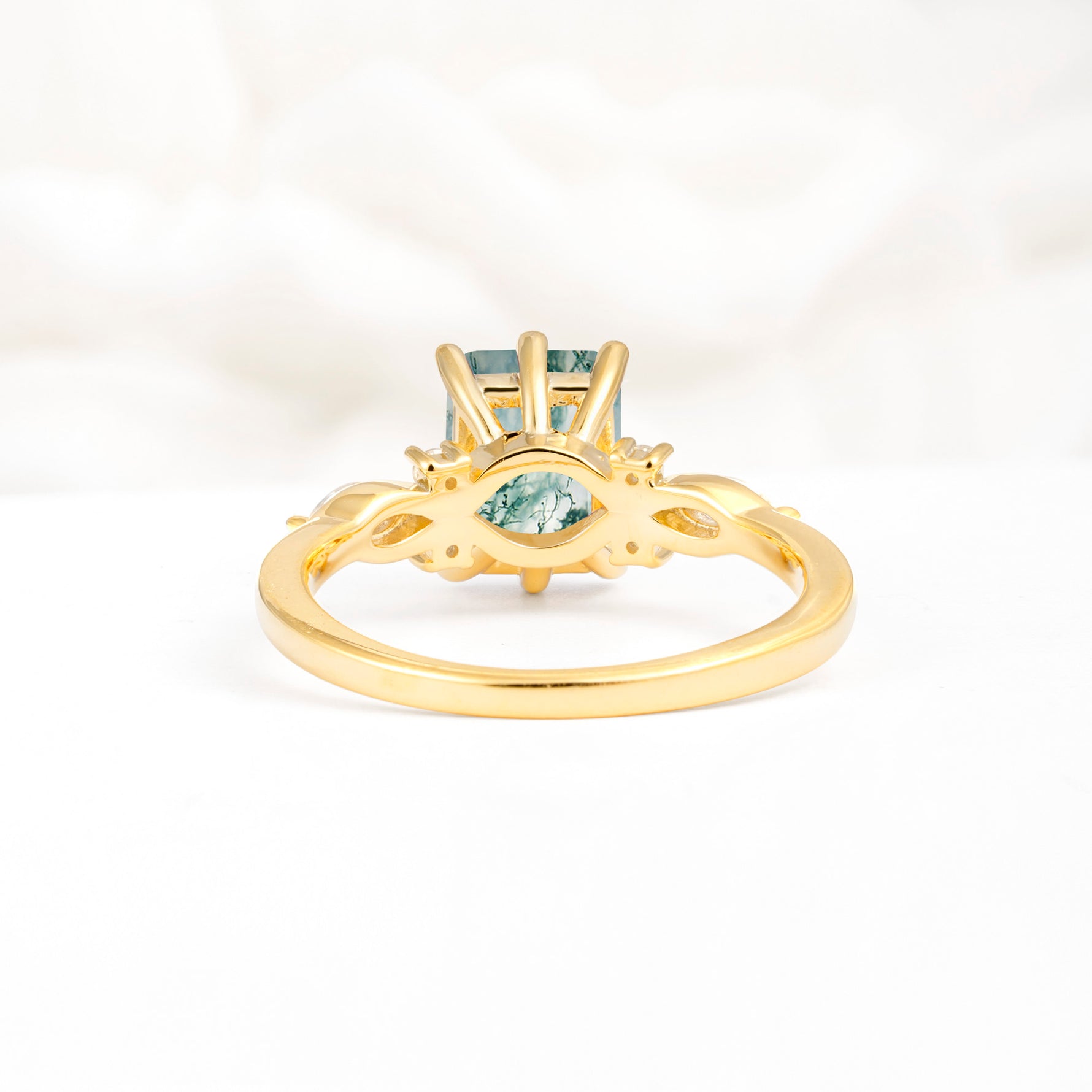 Classic Emerald Cut Leaf Side Accent Moss Agate Engagement Ring - Additional view
