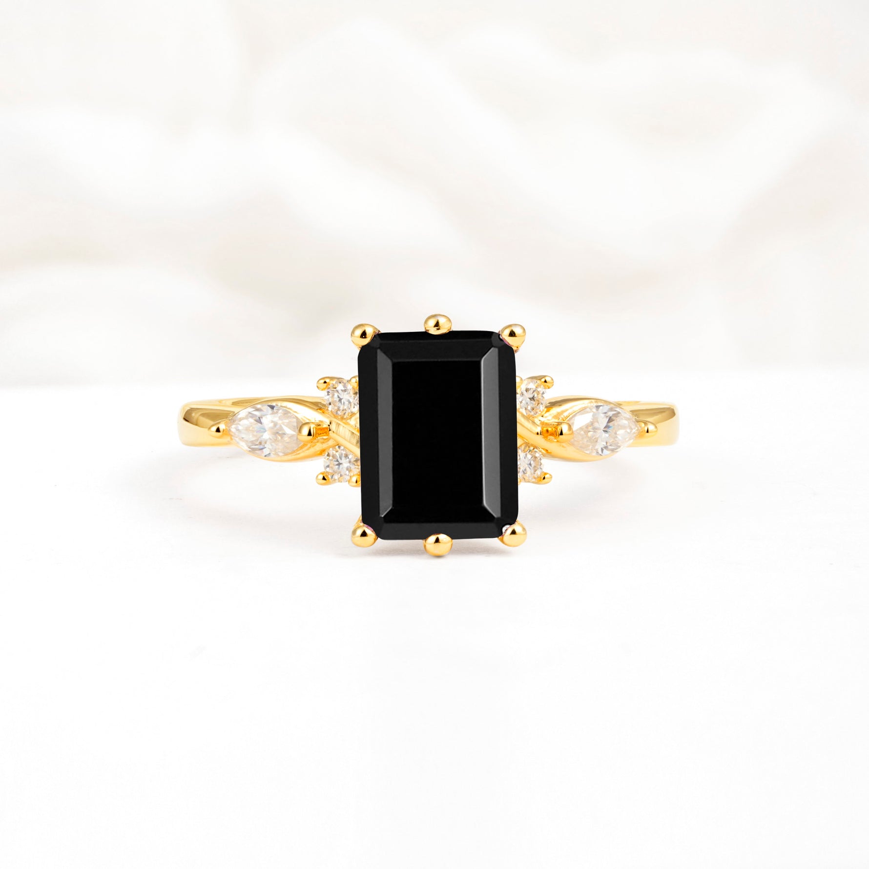 Classic Emerald Cut Leaf Side Accent Black Onyx Engagement Ring - Additional view