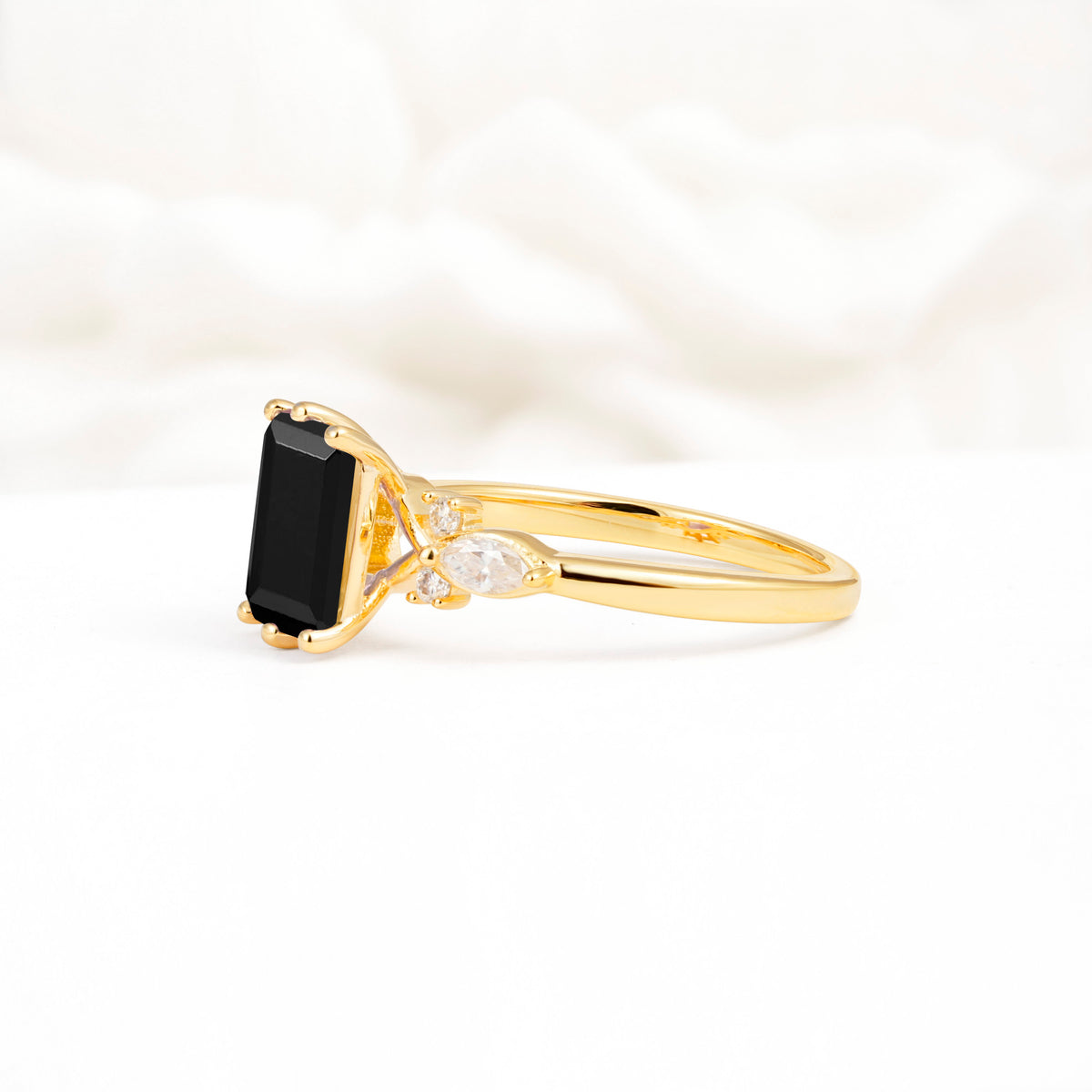 Classic Emerald Cut Leaf Side Accent Black Onyx Engagement Ring - Additional view