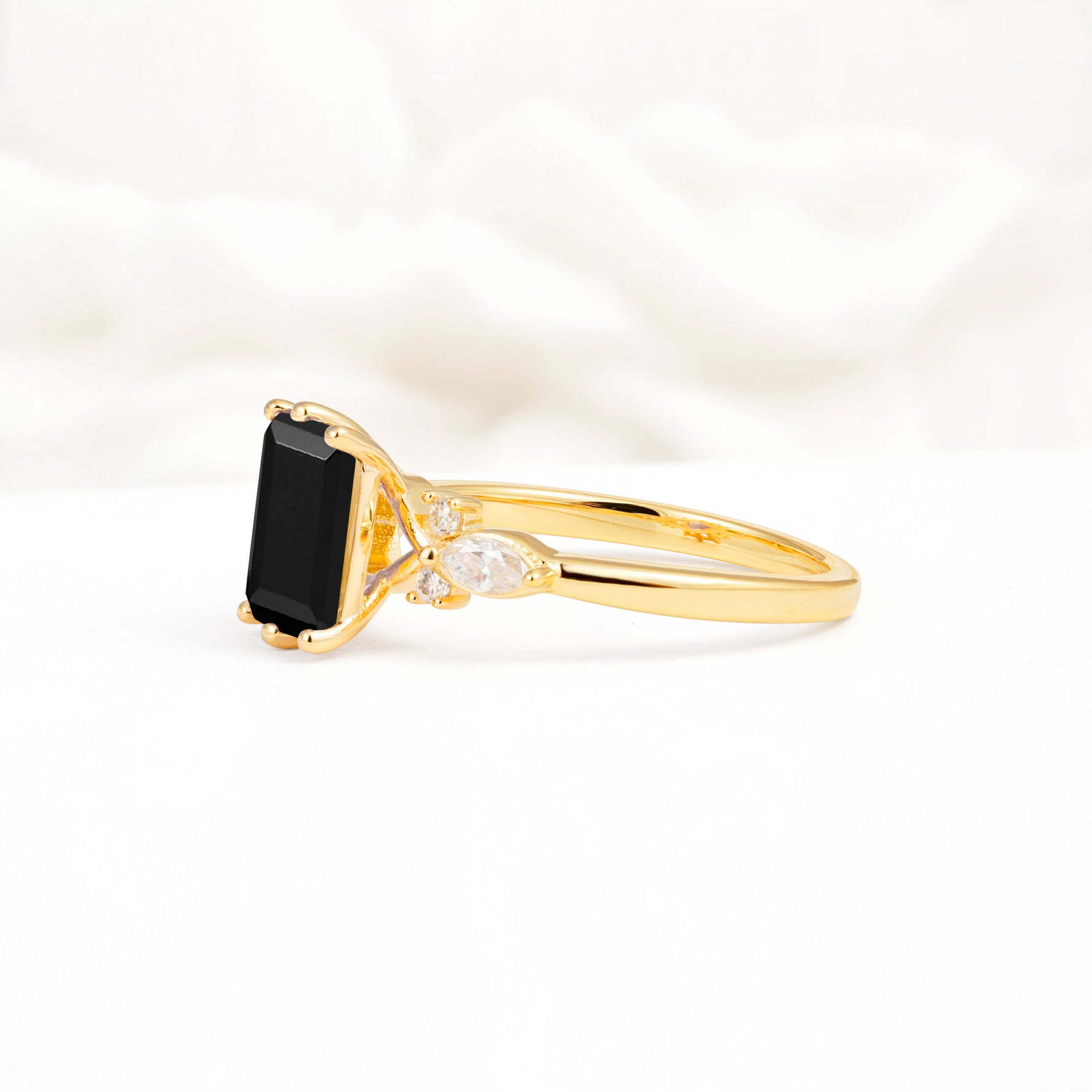 Classic Emerald Cut Leaf Side Accent Black Onyx Engagement Ring - Additional view