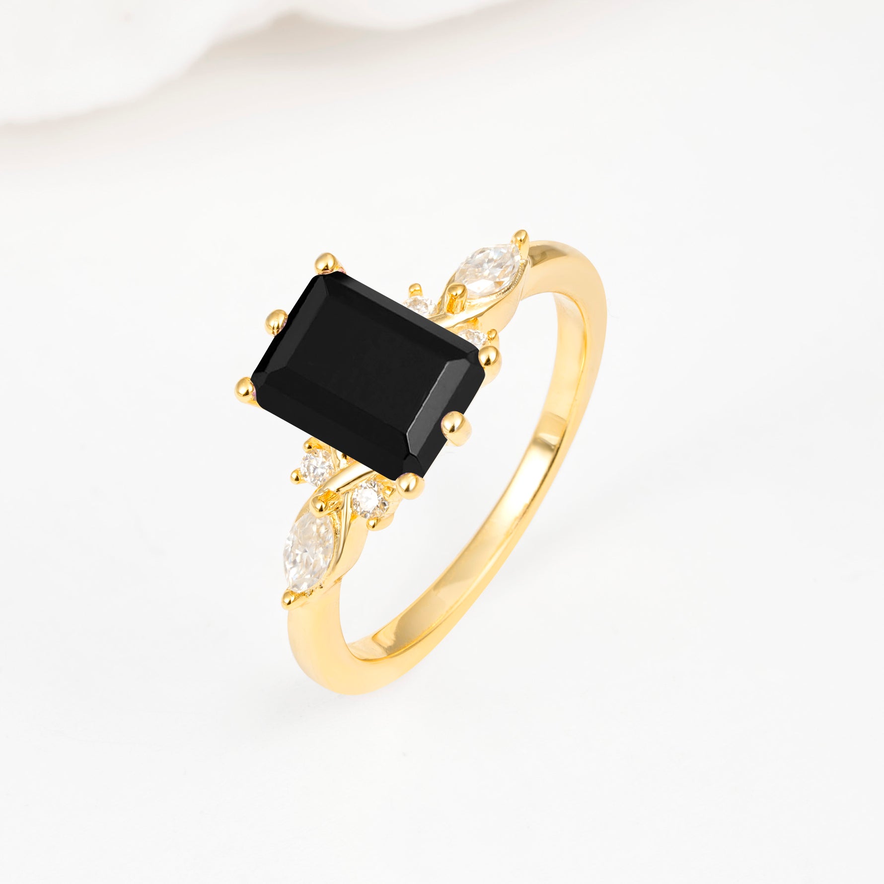 Classic Emerald Cut Leaf Side Accent Black Onyx Engagement Ring - Additional view