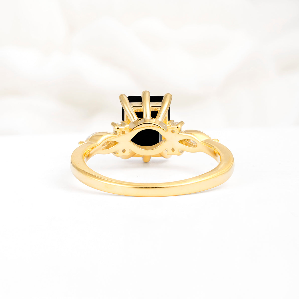 Classic Emerald Cut Leaf Side Accent Black Onyx Engagement Ring - Additional view