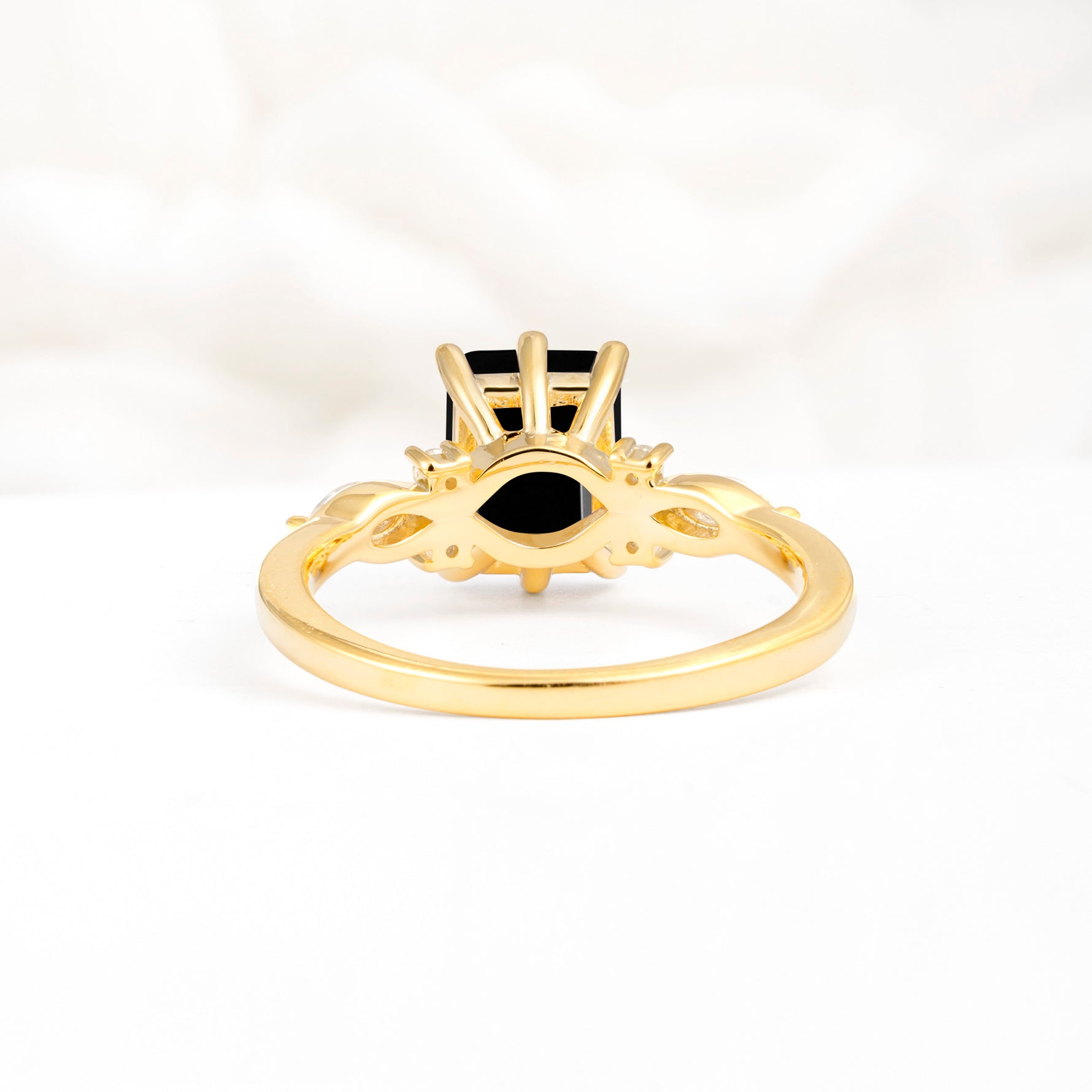 Classic Emerald Cut Leaf Side Accent Black Onyx Engagement Ring - Additional view