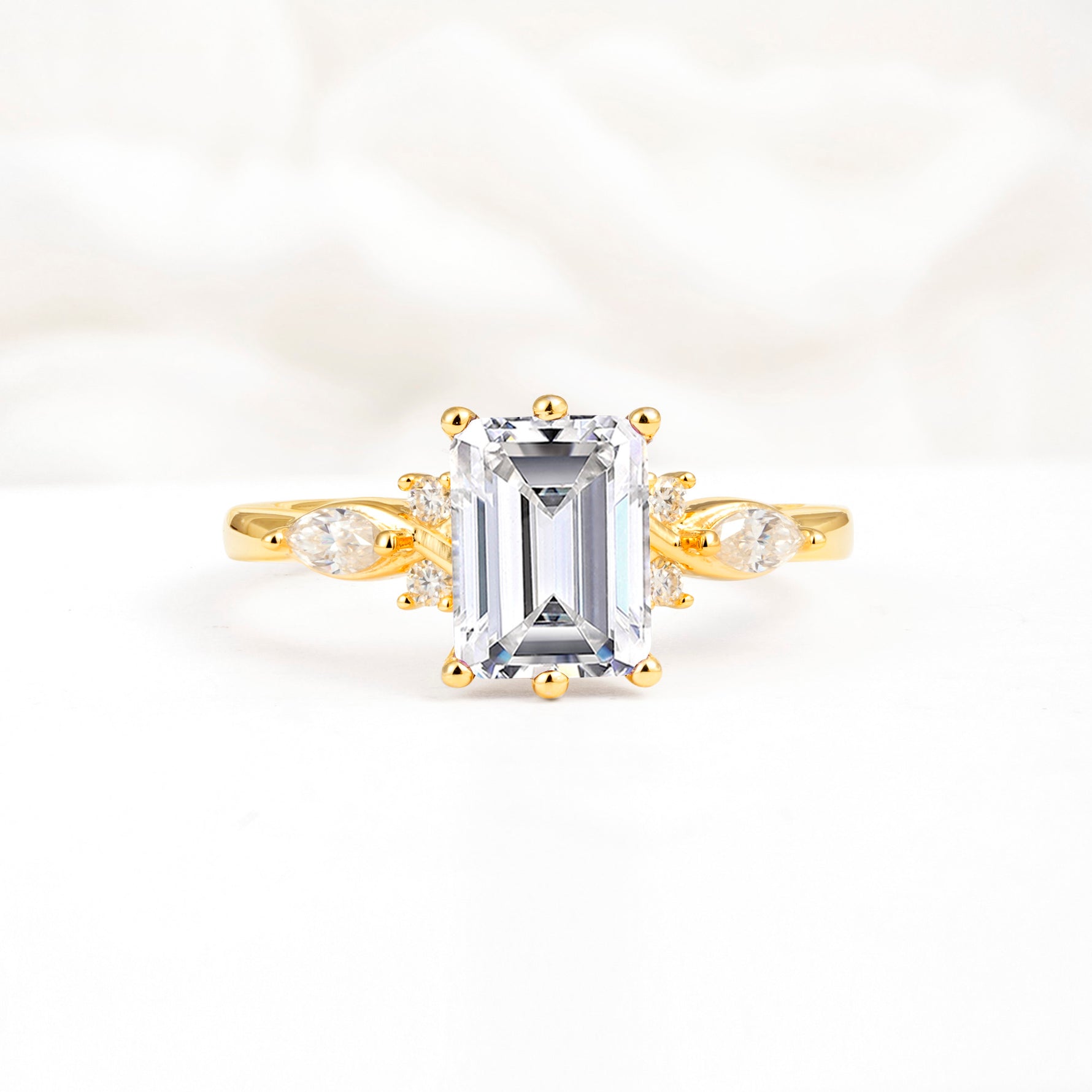 Classic Emerald Cut Leaf Side Accent Lab Diamond Engagement Ring - Additional view