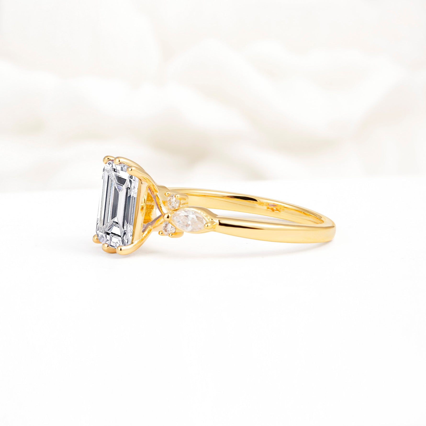 Classic Emerald Cut Leaf Side Accent Lab Diamond Engagement Ring - Additional view