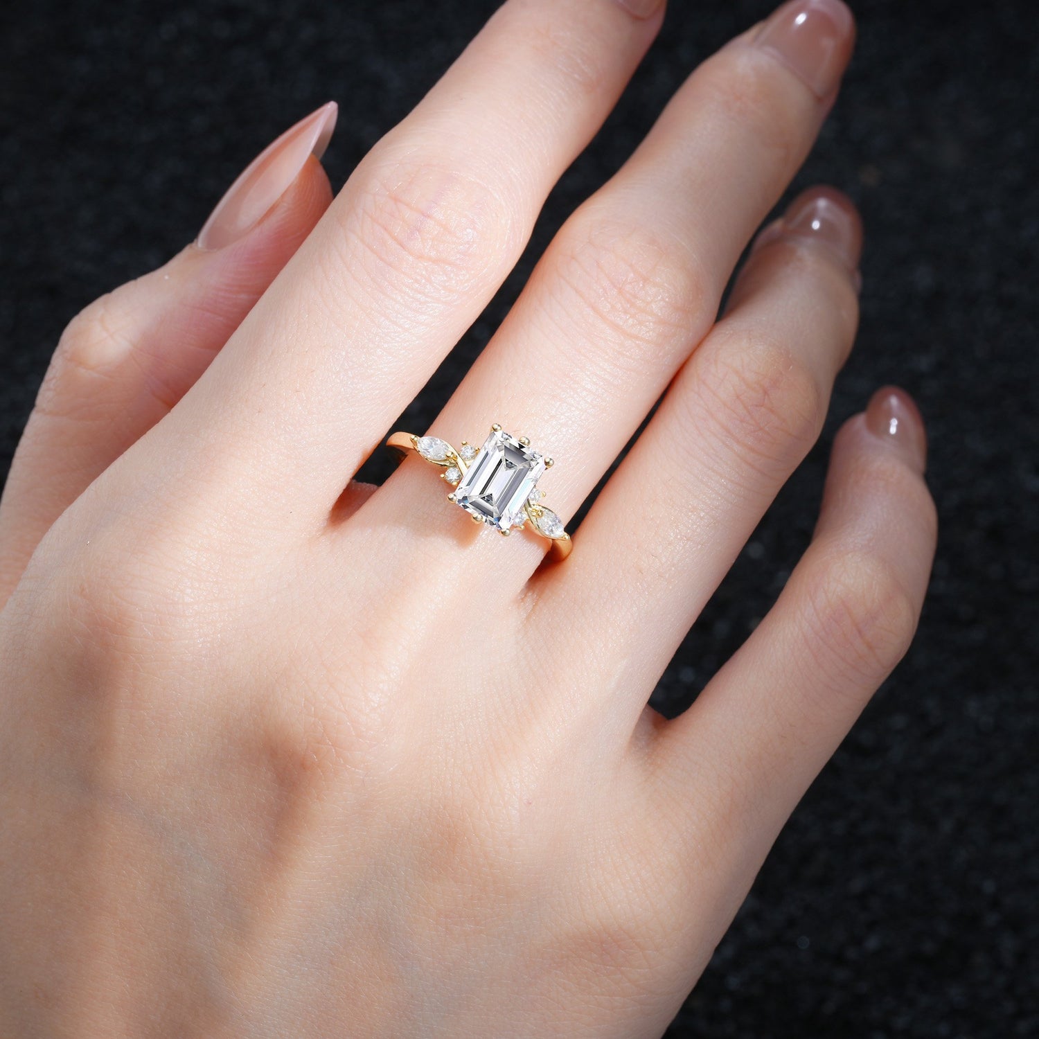 Classic Emerald Cut Leaf Side Accent Lab Diamond Engagement Ring