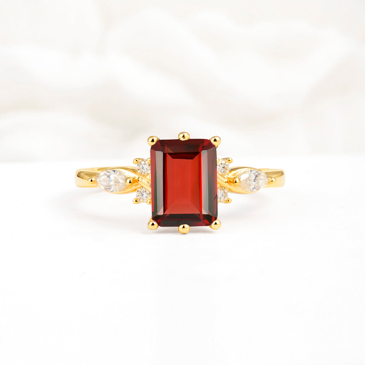 Classic Emerald Cut Leaf Side Accent Garnet Engagement Ring - Additional view