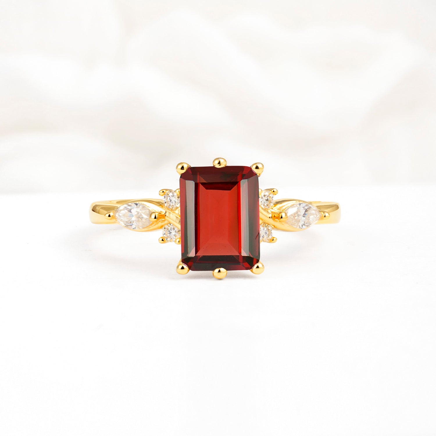 Classic Emerald Cut Leaf Side Accent Garnet Engagement Ring - Additional view