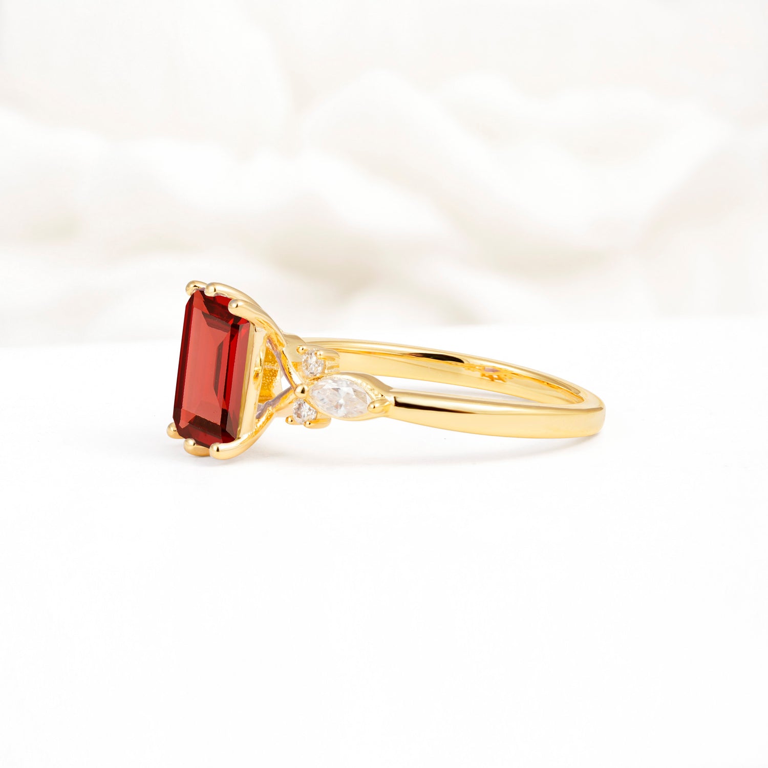 Classic Emerald Cut Leaf Side Accent Garnet Engagement Ring - Additional view