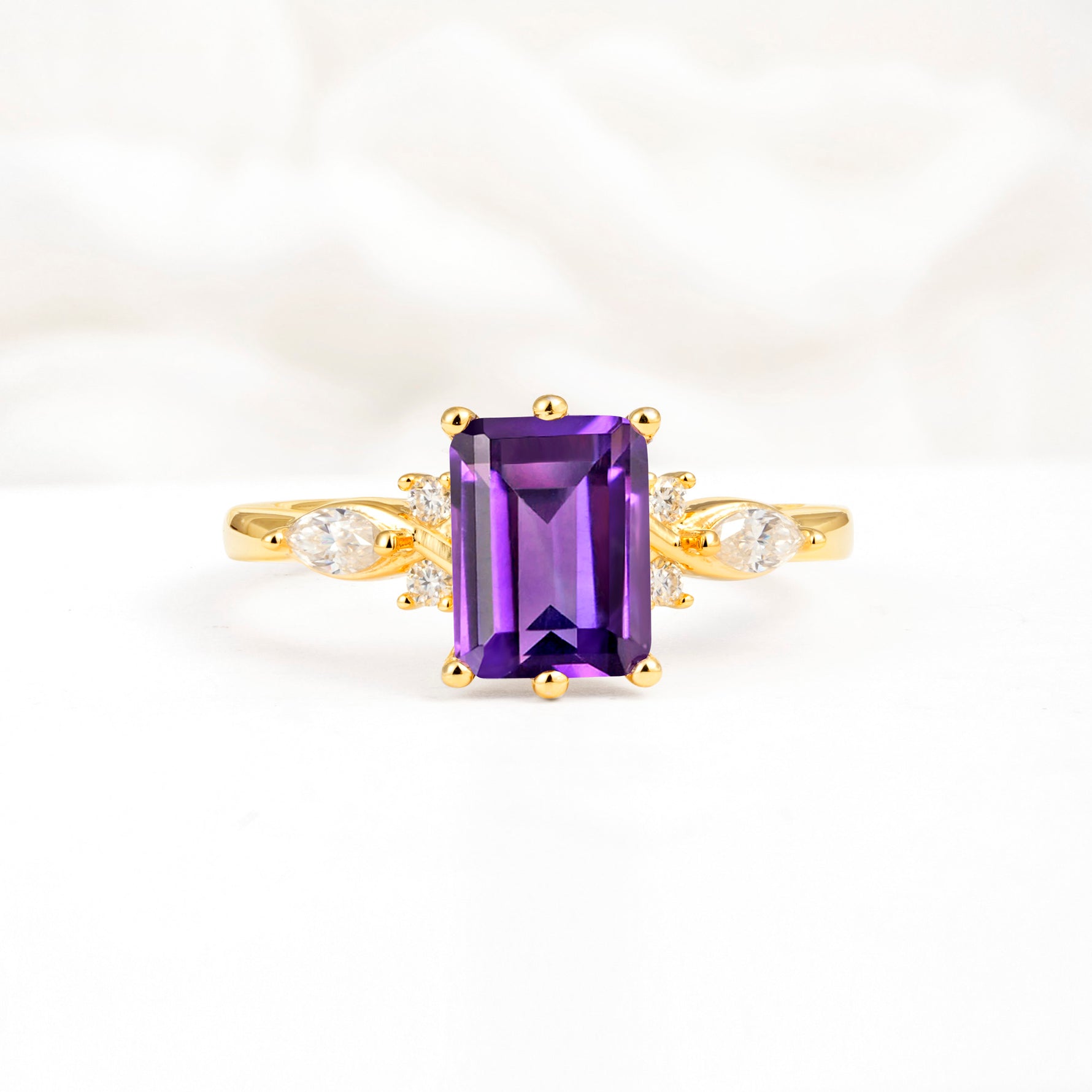 Classic Emerald Cut Leaf Side Accent Amethyst Engagement Ring - Additional view