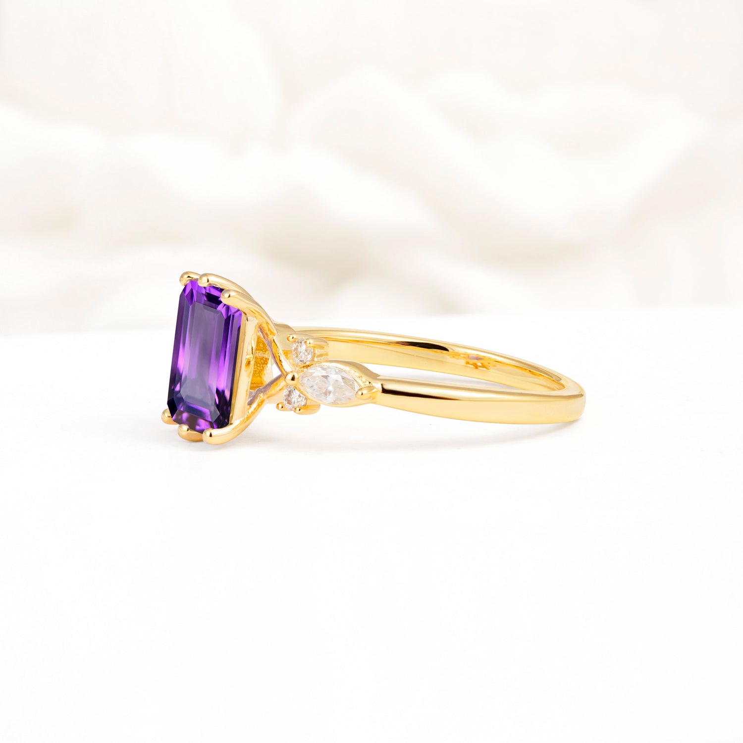 Classic Emerald Cut Leaf Side Accent Amethyst Engagement Ring - Additional view