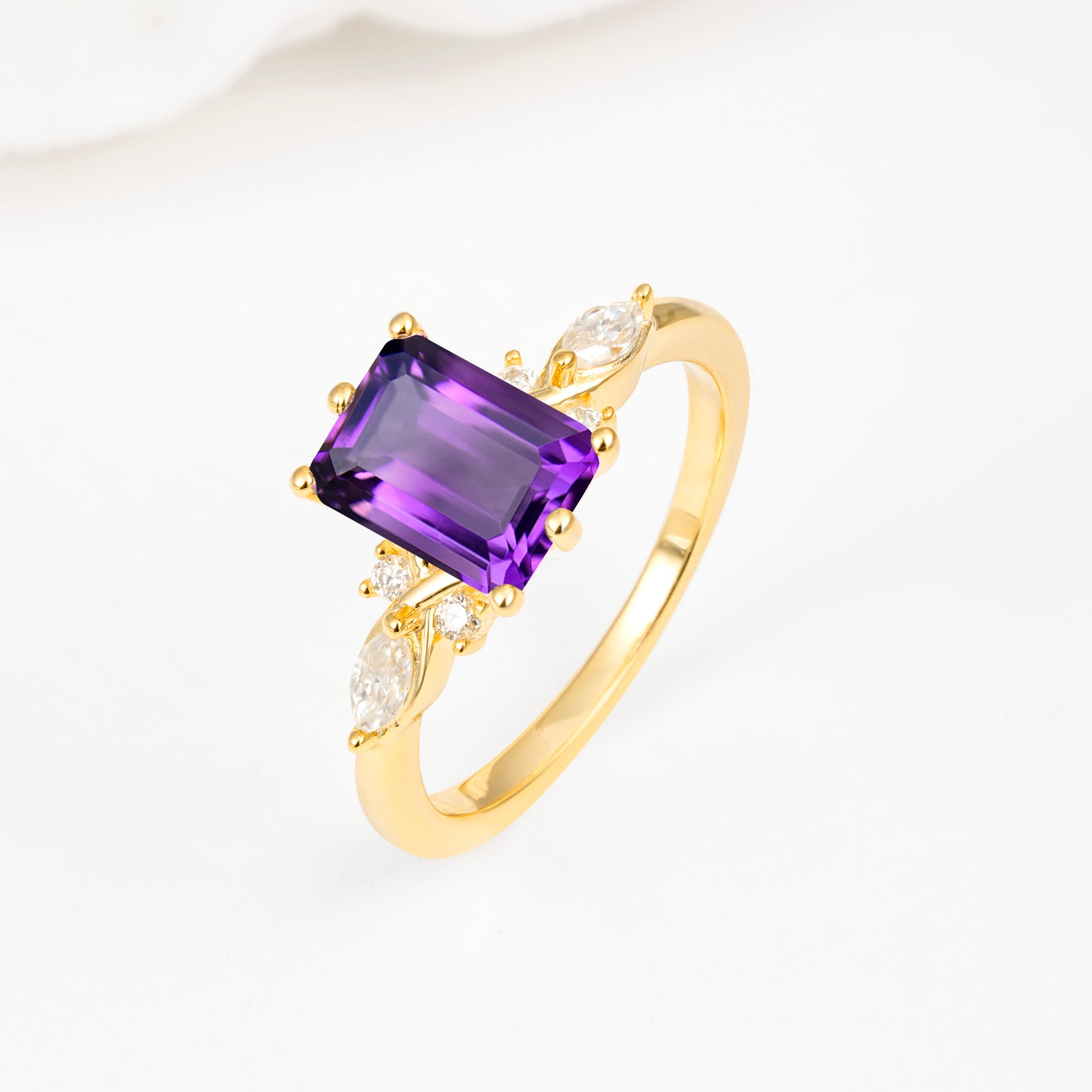 Classic Emerald Cut Leaf Side Accent Amethyst Engagement Ring - Additional view