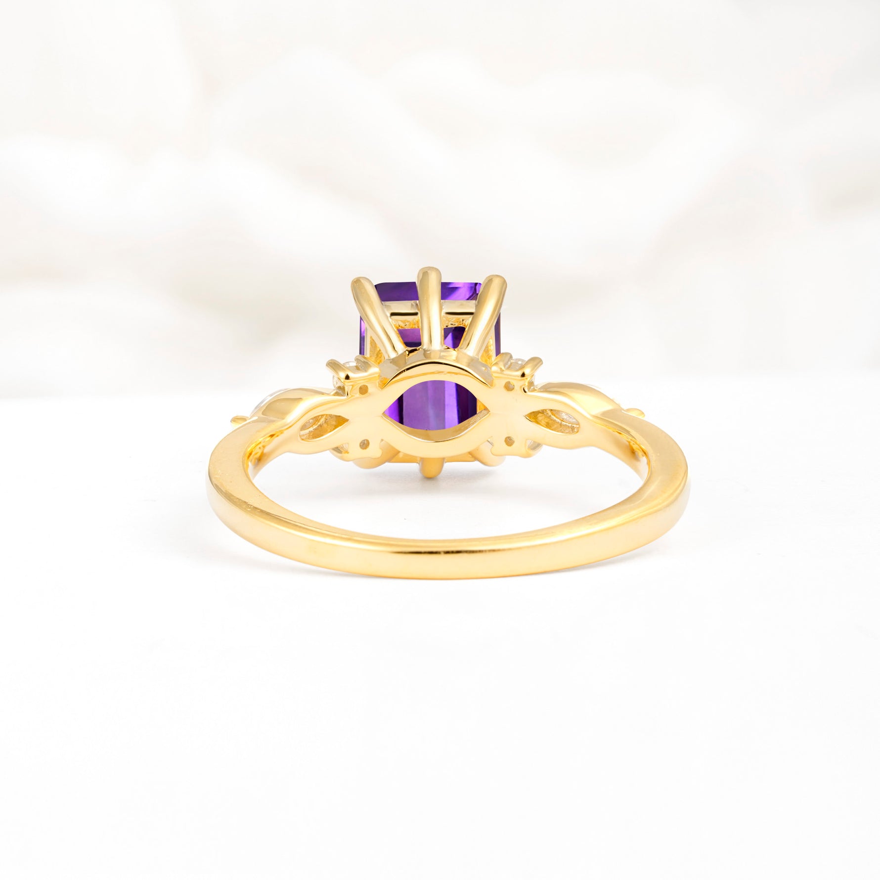 Classic Emerald Cut Leaf Side Accent Amethyst Engagement Ring - Additional view