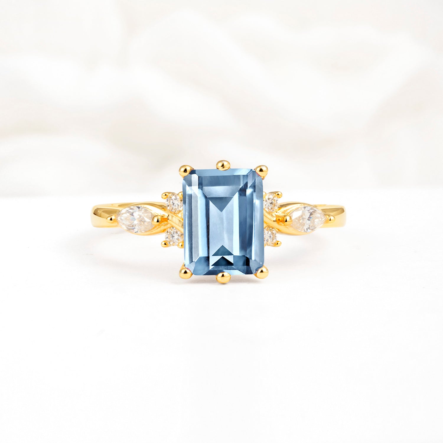 Classic Emerald Cut Leaf Side Accent Aquamarine Engagement Ring - Additional view