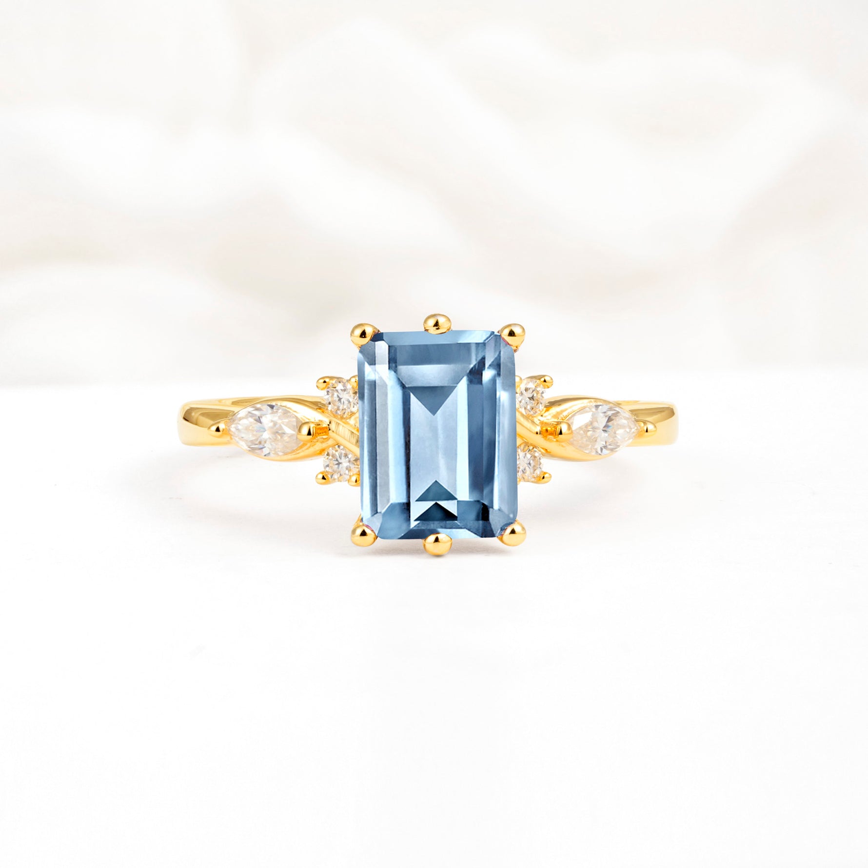 Classic Emerald Cut Leaf Side Accent Aquamarine Engagement Ring - Additional view