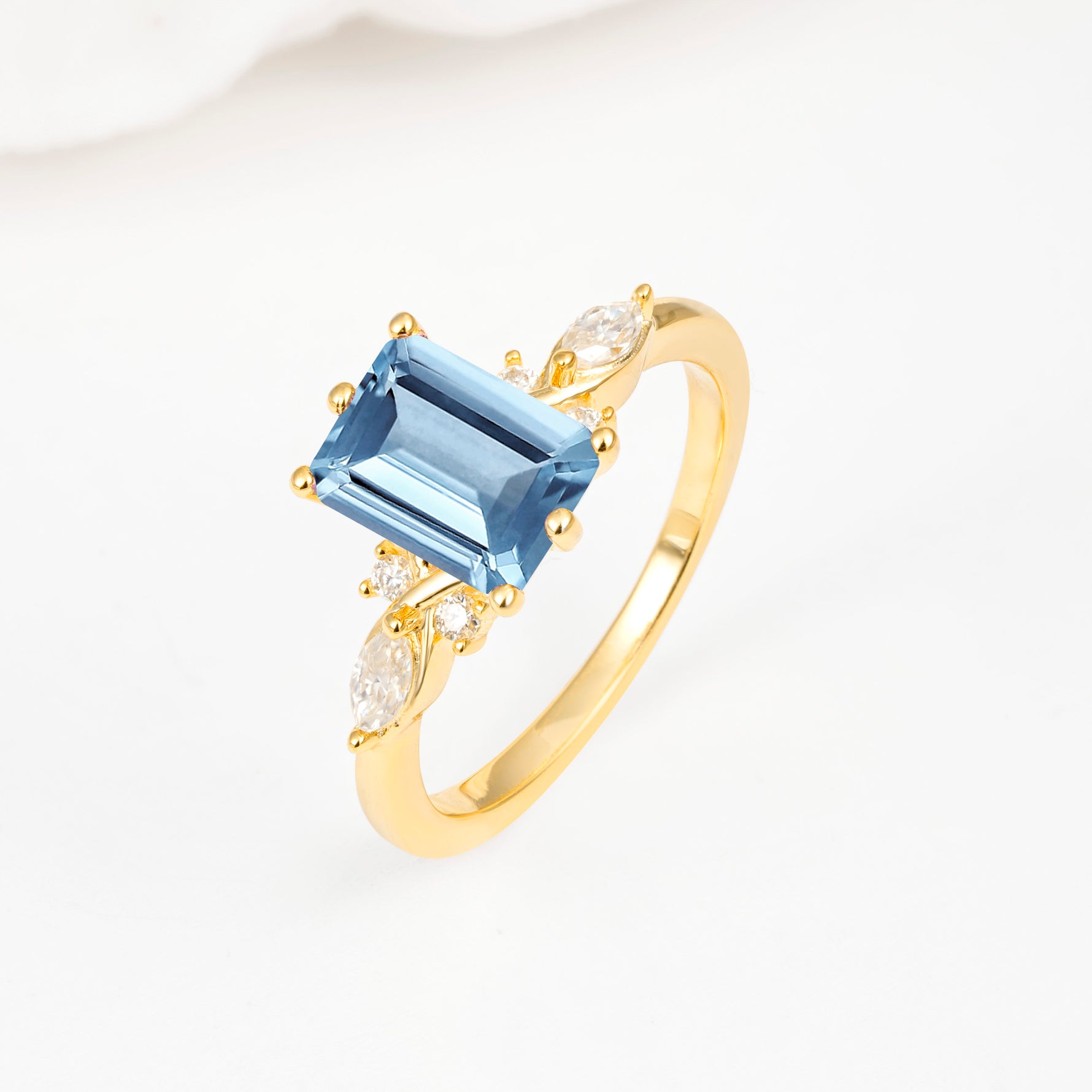 Classic Emerald Cut Leaf Side Accent Aquamarine Engagement Ring - Additional view