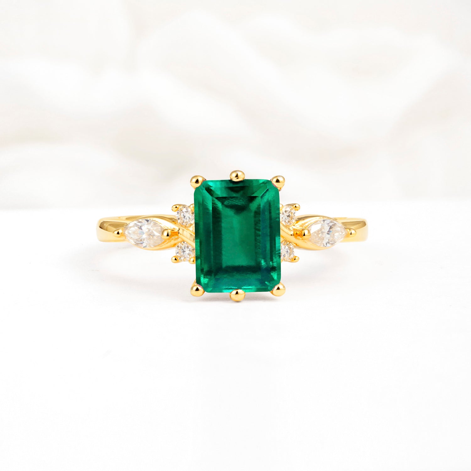 Classic Emerald Cut Leaf Side Accent Emerald Engagement Ring - Additional view