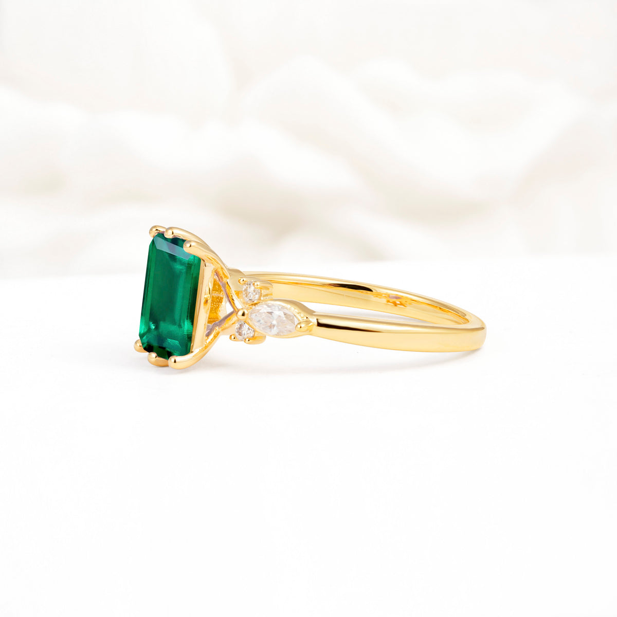 Classic Emerald Cut Leaf Side Accent Emerald Engagement Ring - Additional view