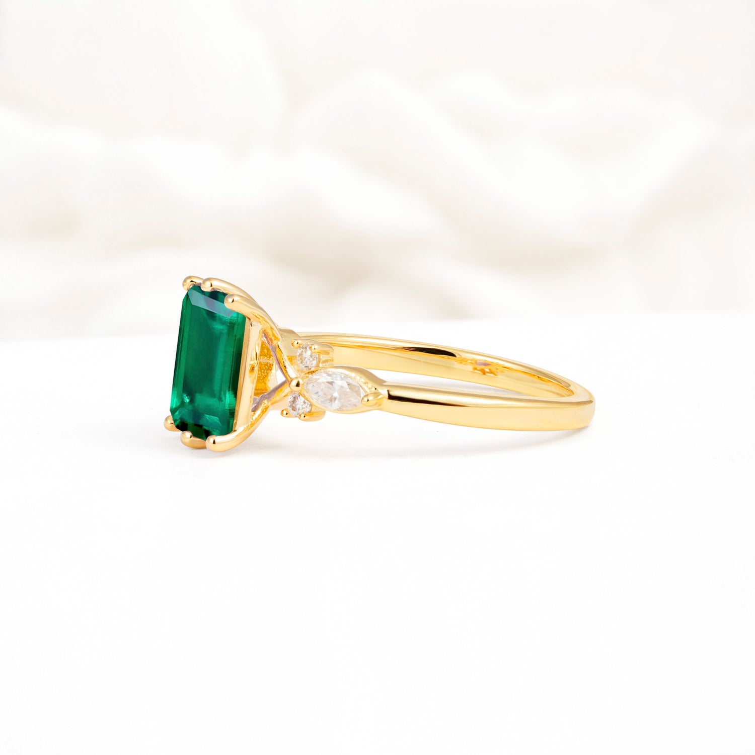Classic Emerald Cut Leaf Side Accent Emerald Engagement Ring - Additional view