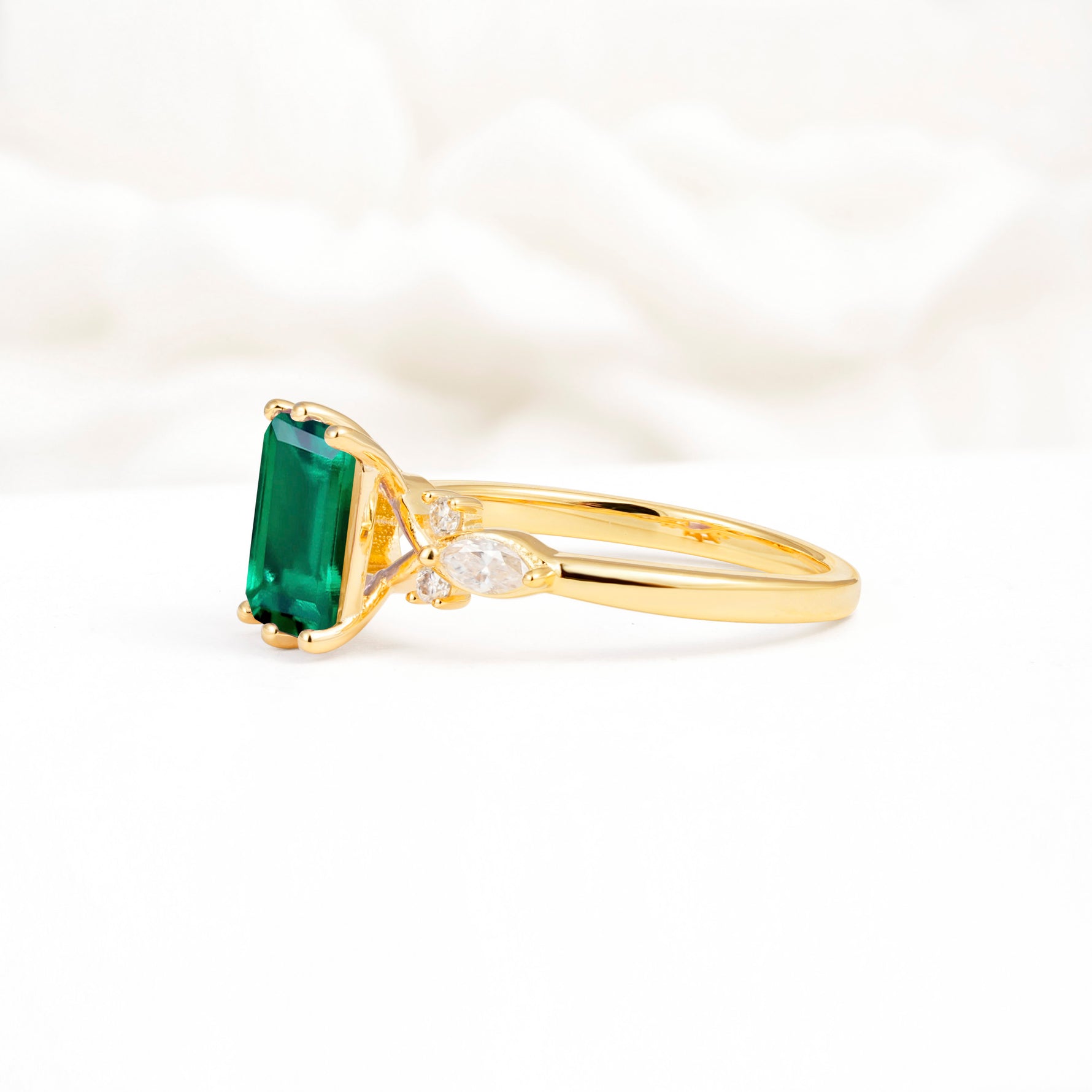 Classic Emerald Cut Leaf Side Accent Emerald Engagement Ring - Additional view