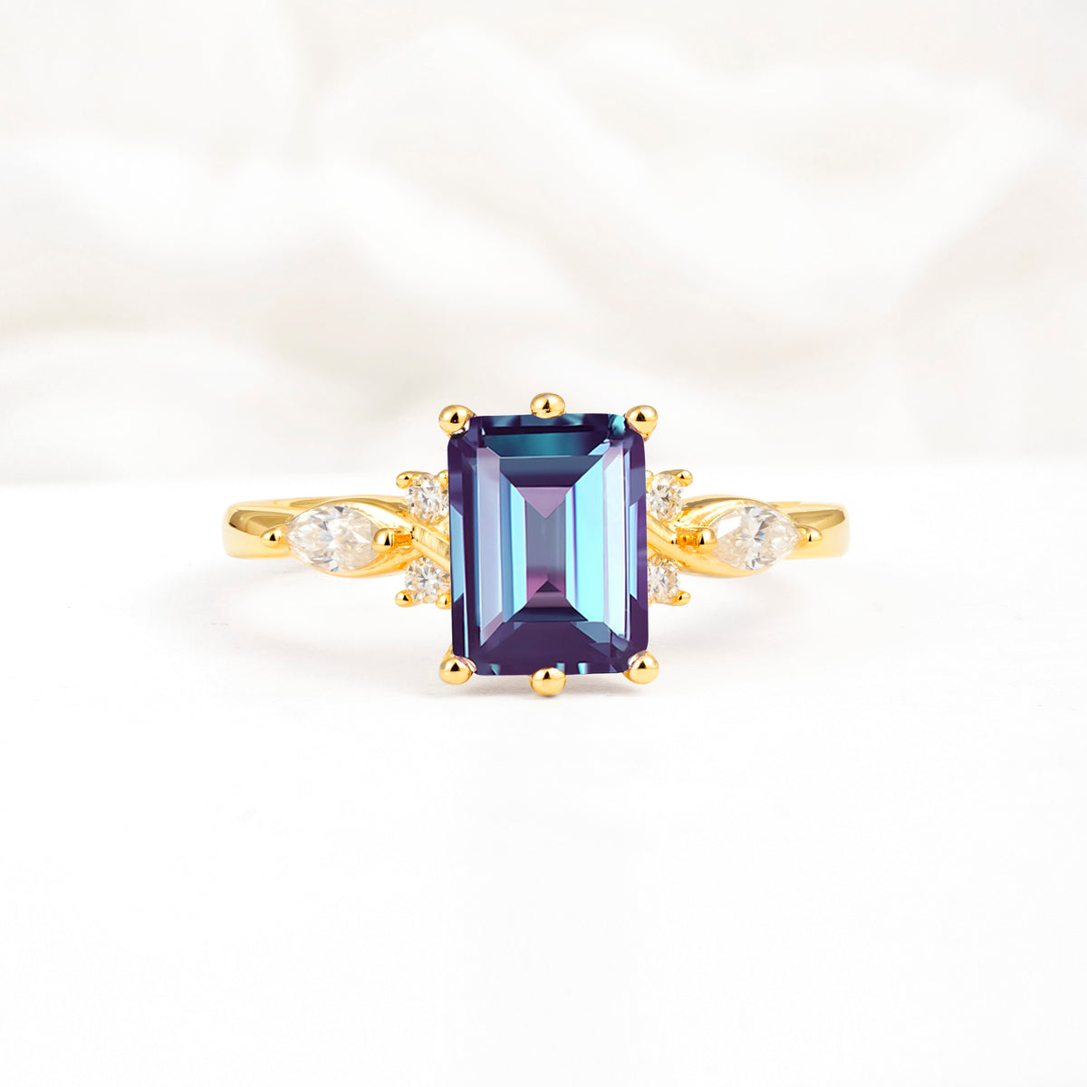Classic Emerald Cut Leaf Side Accent Alexandrite Engagement Ring - Additional view
