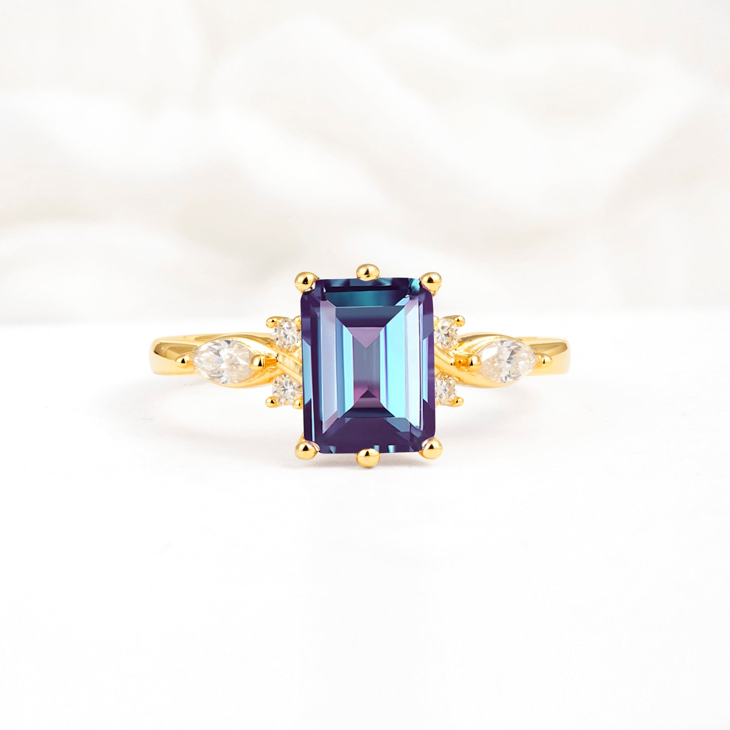 Classic Emerald Cut Leaf Side Accent Alexandrite Engagement Ring - Additional view