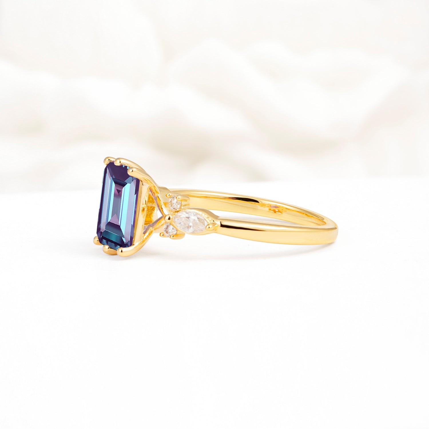 Classic Emerald Cut Leaf Side Accent Alexandrite Engagement Ring - Additional view