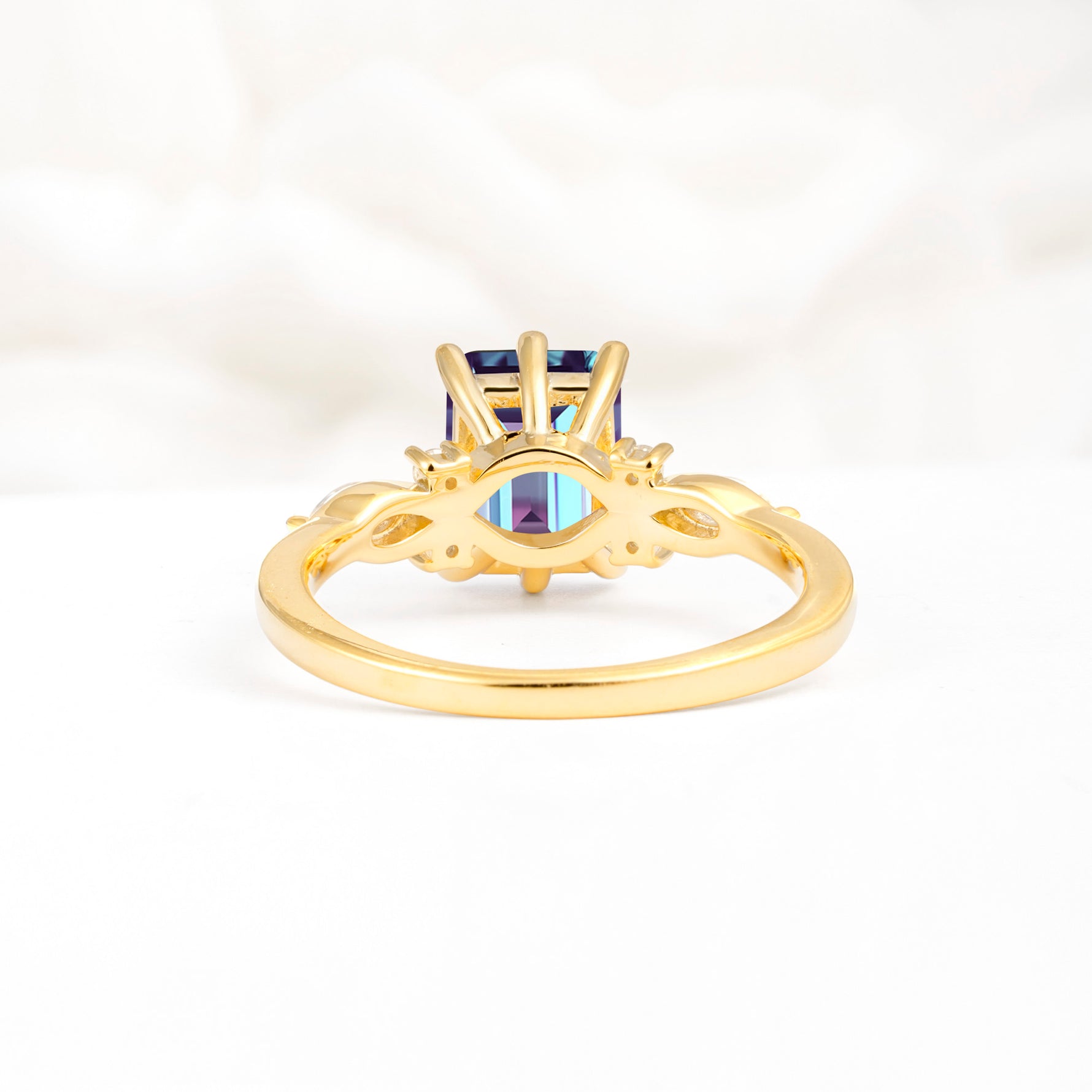Classic Emerald Cut Leaf Side Accent Alexandrite Engagement Ring - Additional view
