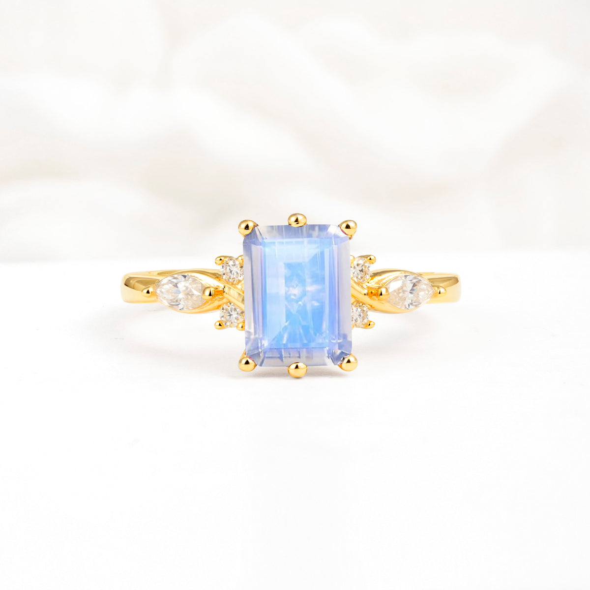 Classic Emerald Cut Leaf Side Accent Moonstone Engagement Ring - Additional view