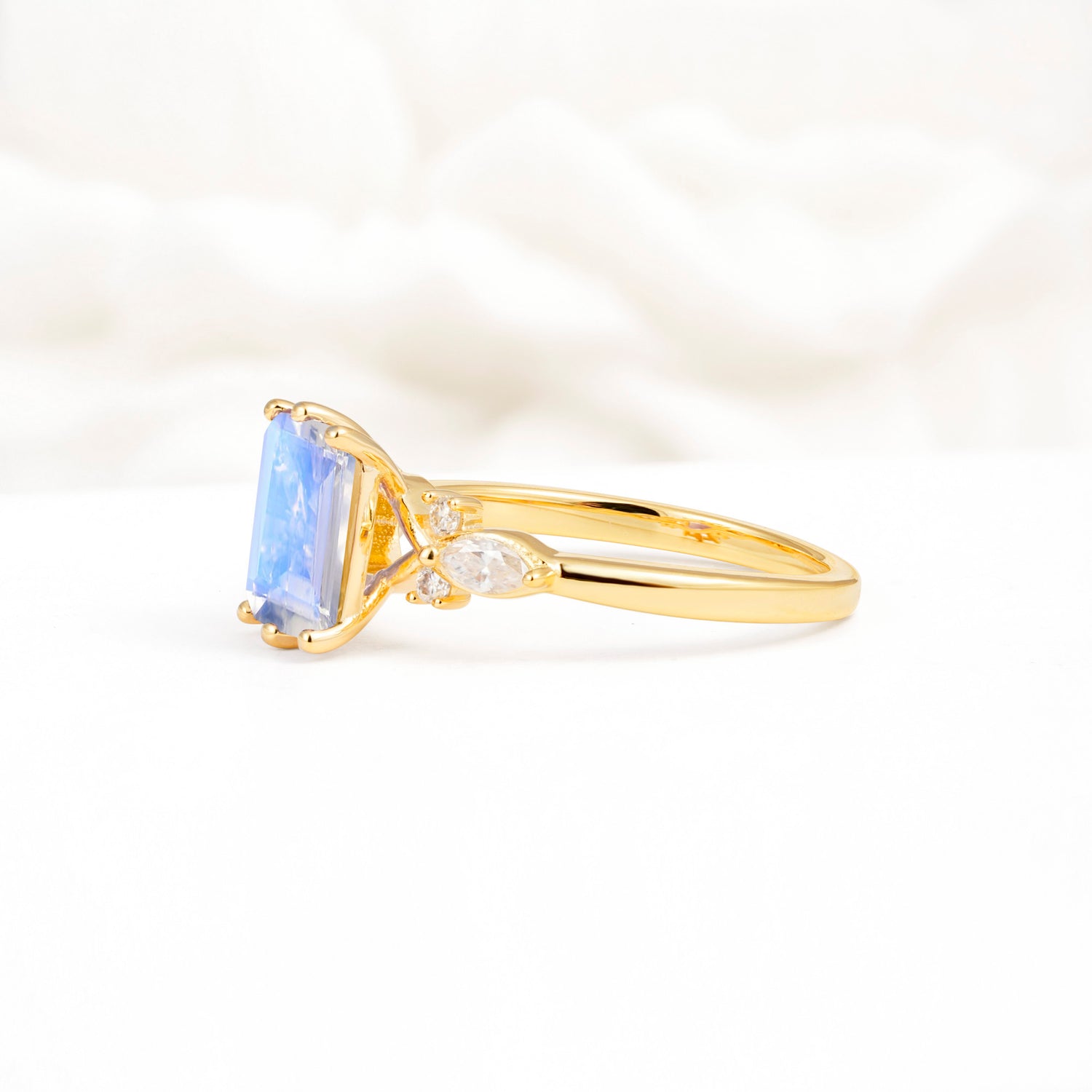 Classic Emerald Cut Leaf Side Accent Moonstone Engagement Ring - Additional view