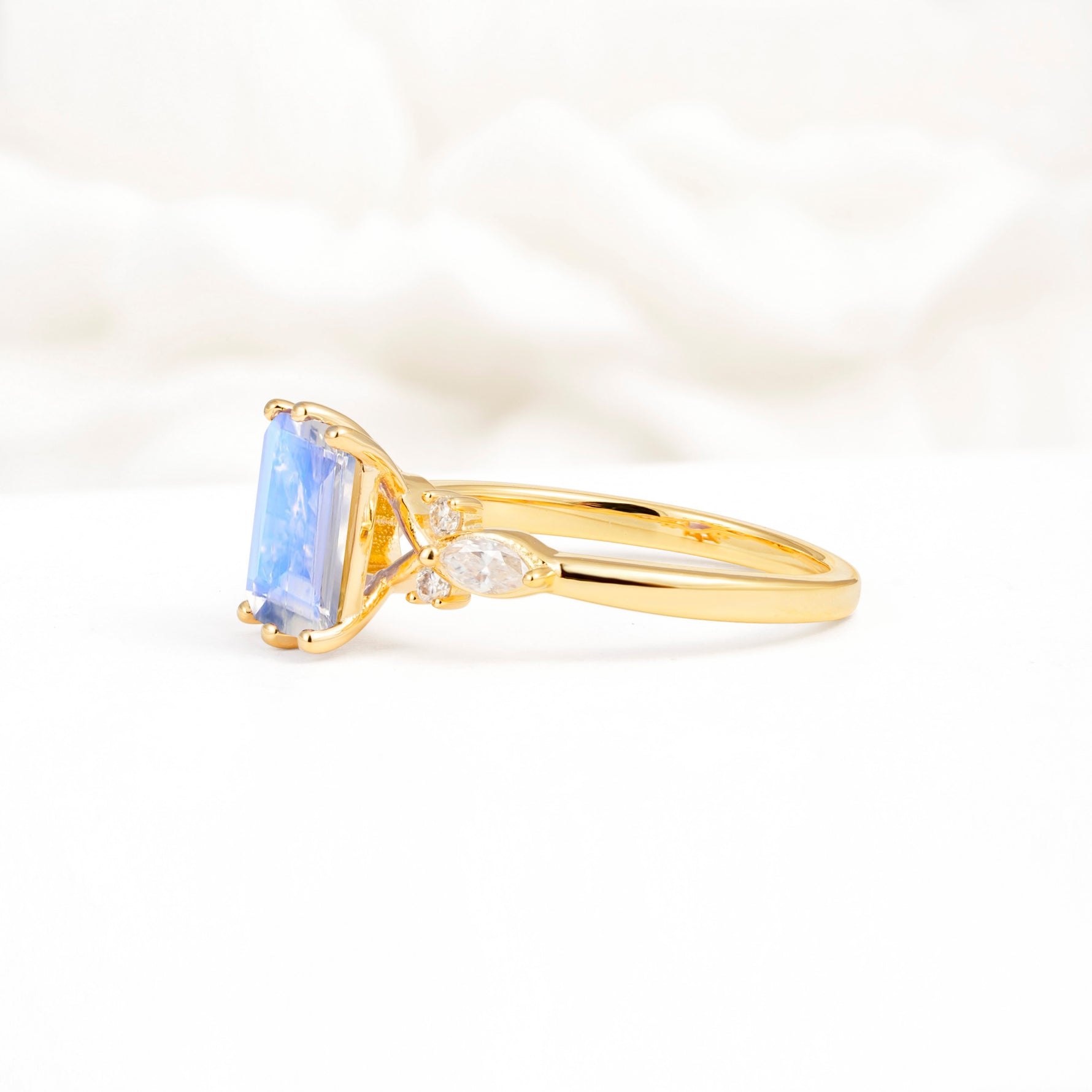 Classic Emerald Cut Leaf Side Accent Moonstone Engagement Ring - Additional view
