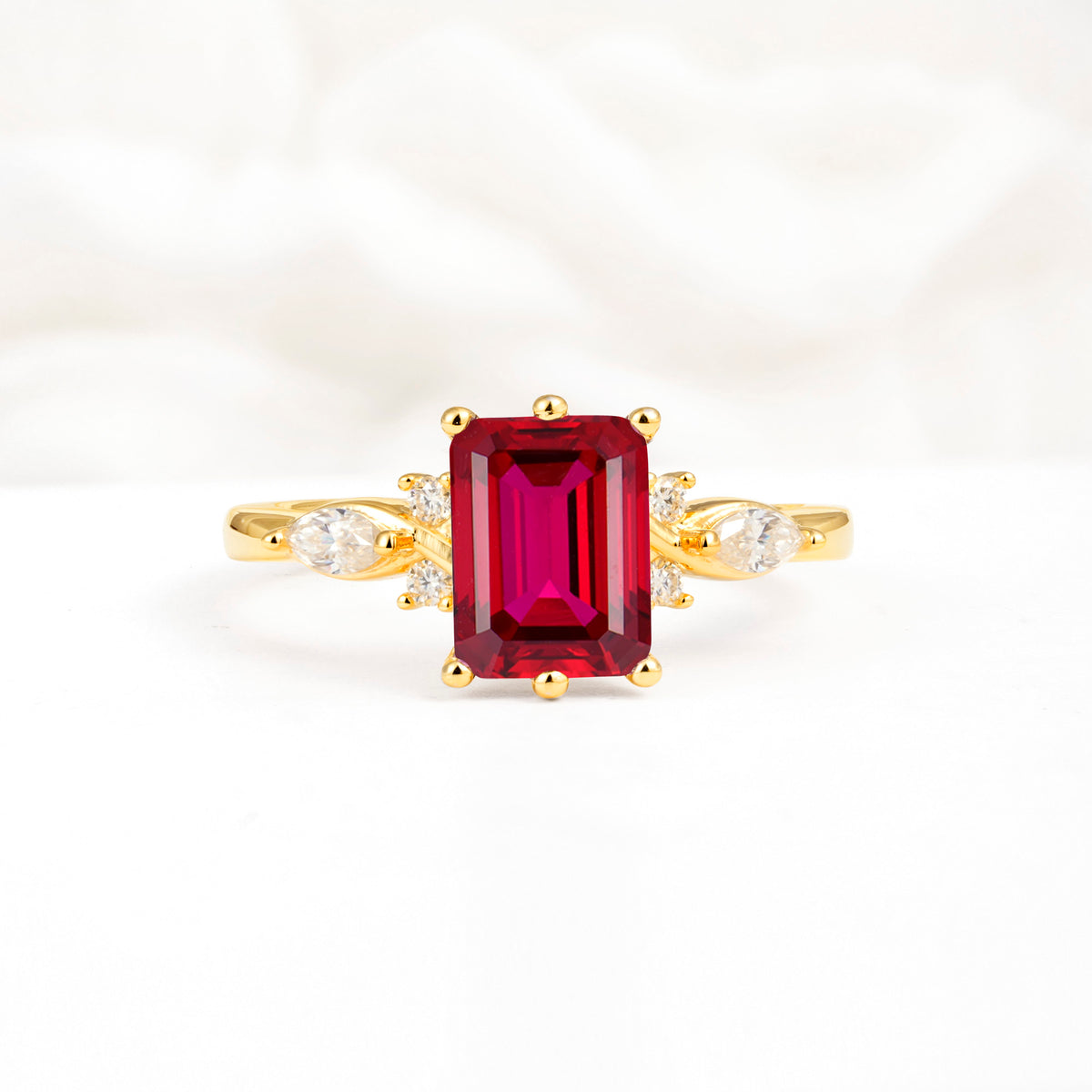 Classic Emerald Cut Leaf Side Accent Ruby Engagement Ring - Additional view