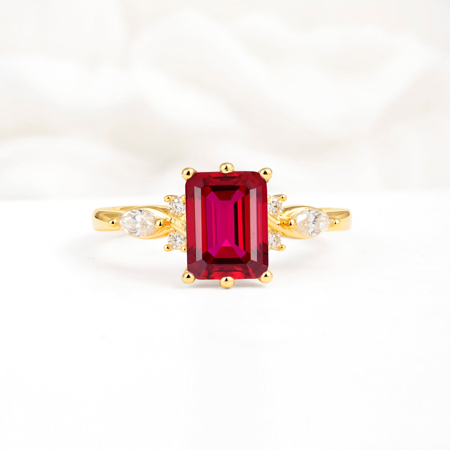 Classic Emerald Cut Leaf Side Accent Ruby Engagement Ring - Additional view