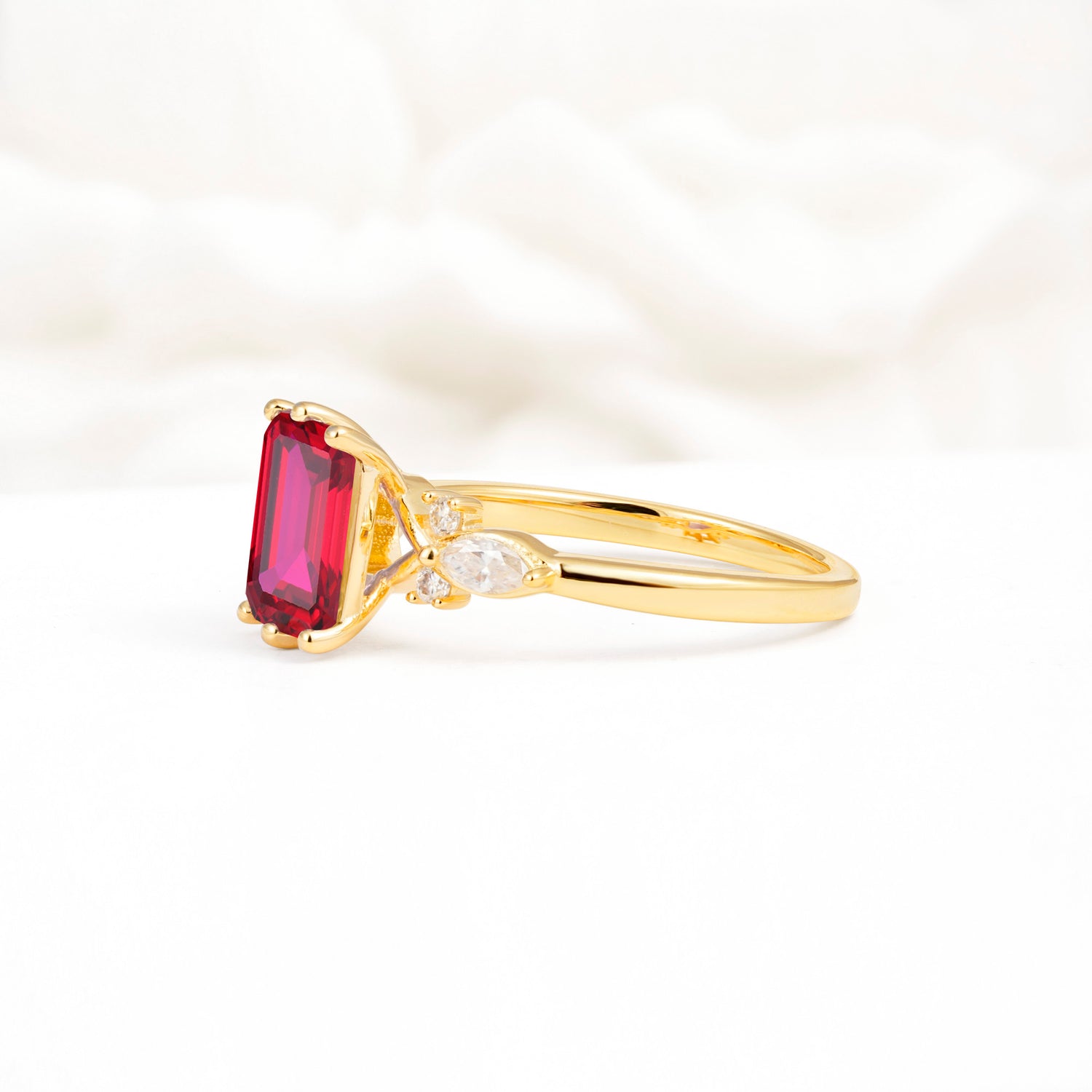 Classic Emerald Cut Leaf Side Accent Ruby Engagement Ring - Additional view