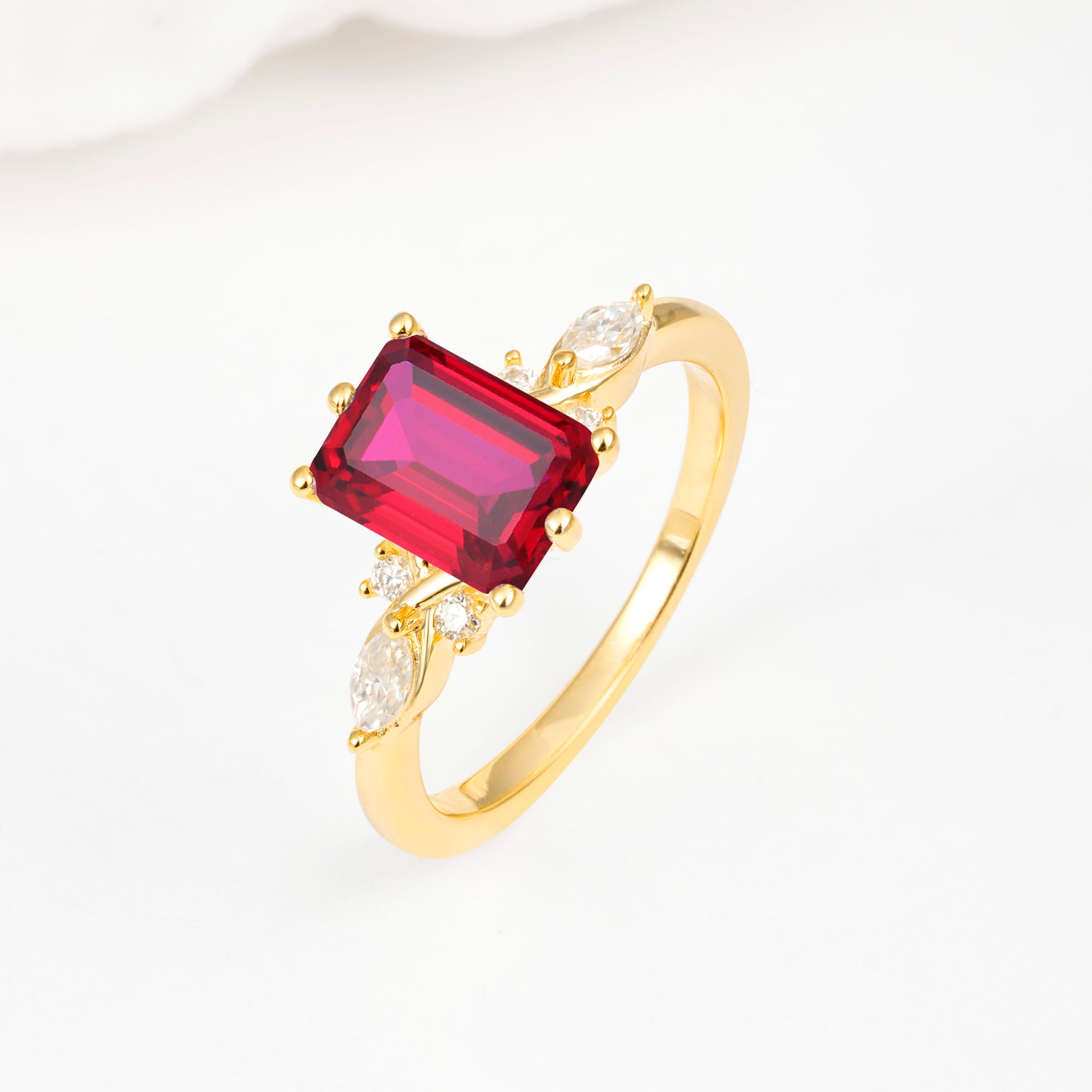 Classic Emerald Cut Leaf Side Accent Ruby Engagement Ring - Additional view