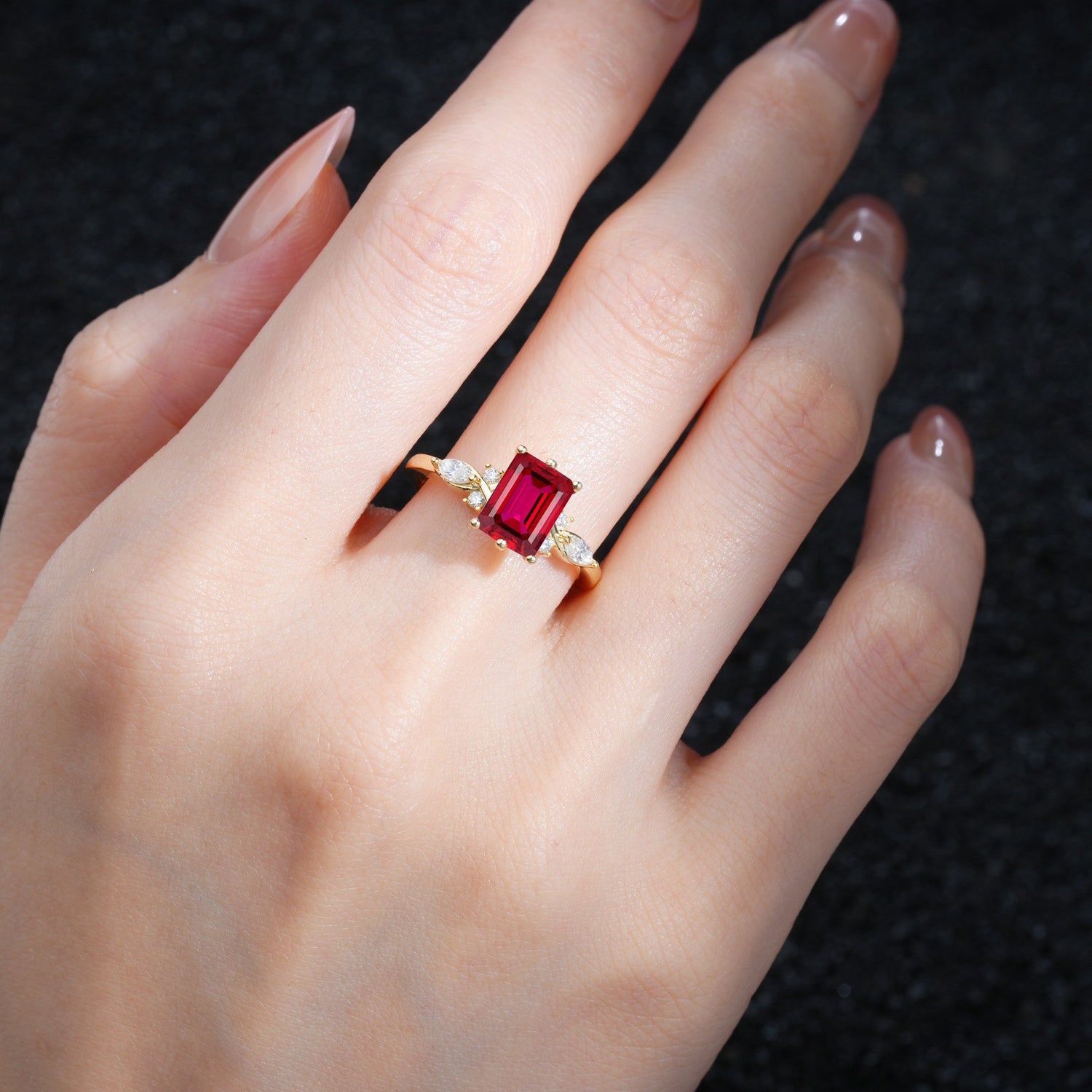 Classic Emerald Cut Leaf Side Accent Ruby Engagement Ring