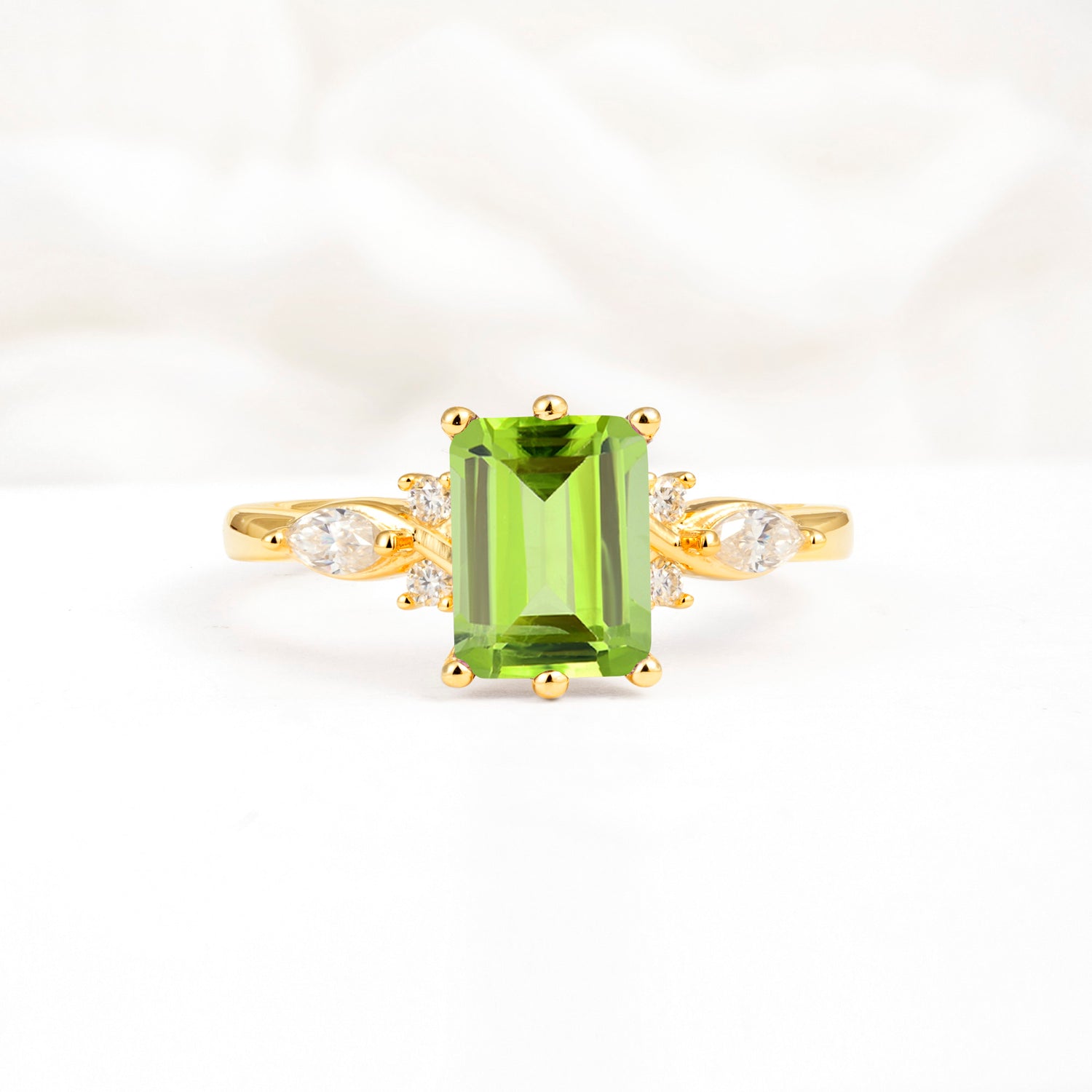 Classic Emerald Cut Leaf Side Accent Peridot Engagement Ring - Additional view