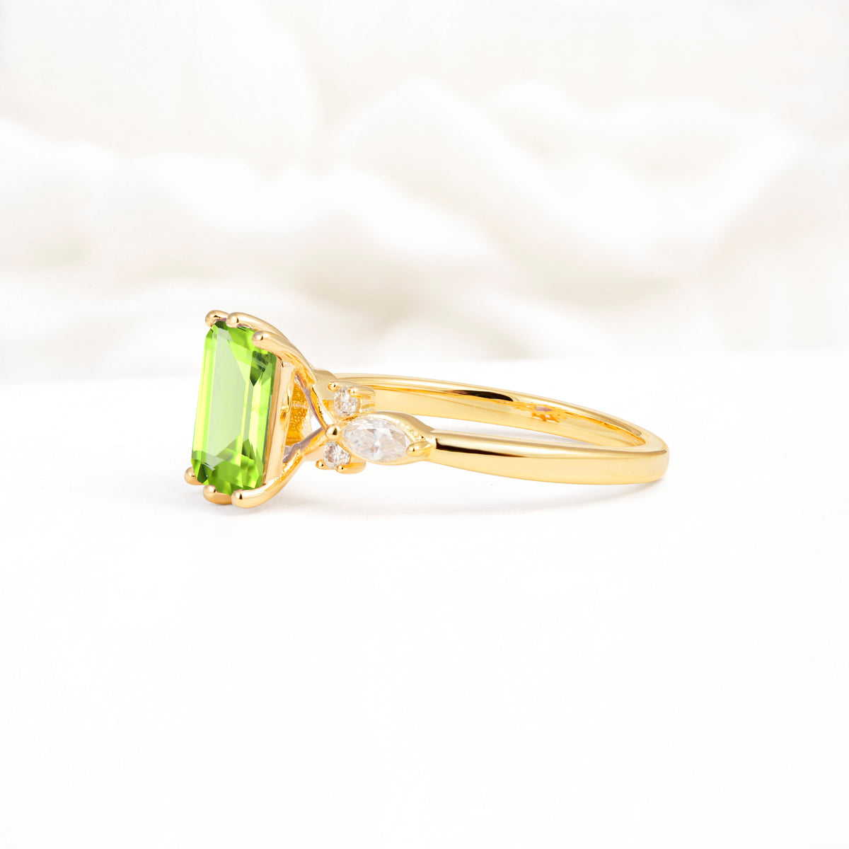 Classic Emerald Cut Leaf Side Accent Peridot Engagement Ring - Additional view