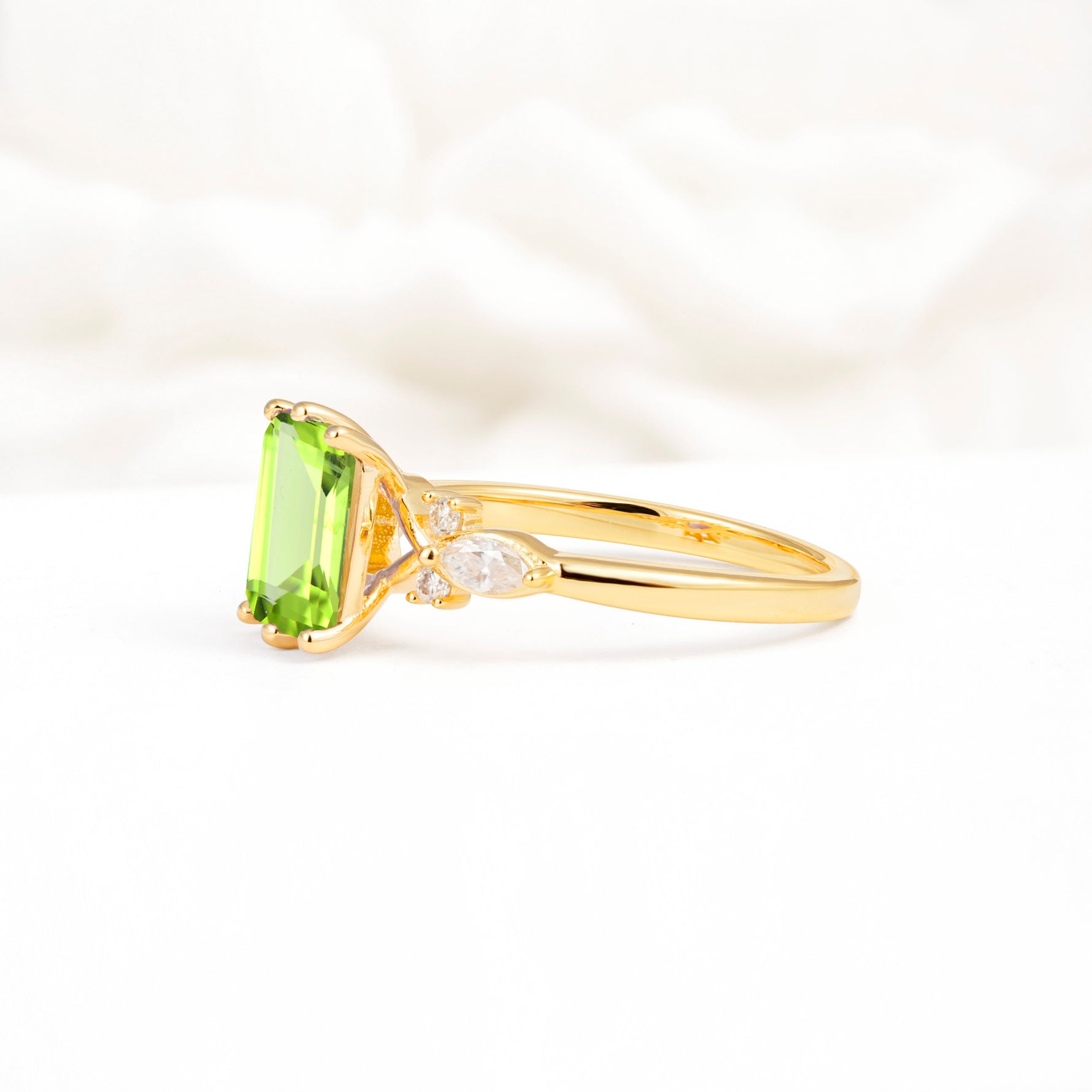 Classic Emerald Cut Leaf Side Accent Peridot Engagement Ring - Additional view