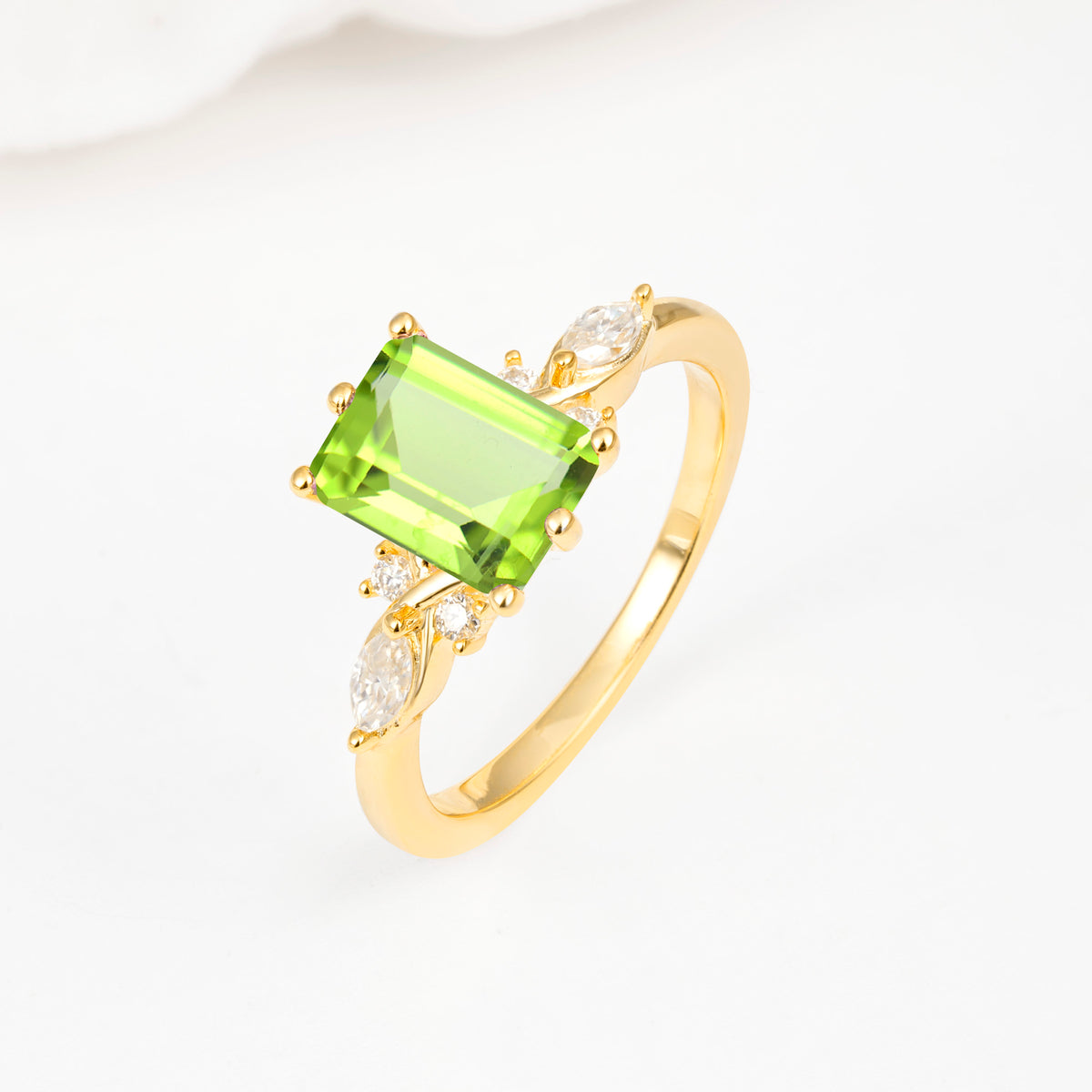 Classic Emerald Cut Leaf Side Accent Peridot Engagement Ring - Additional view