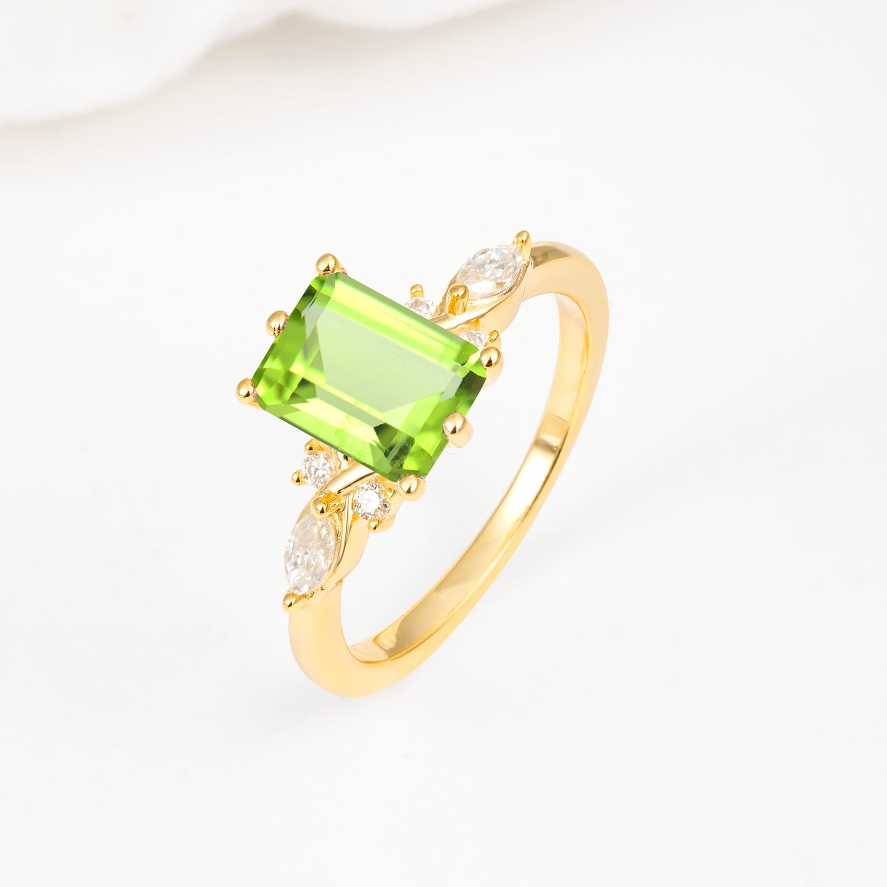 Classic Emerald Cut Leaf Side Accent Peridot Engagement Ring - Additional view