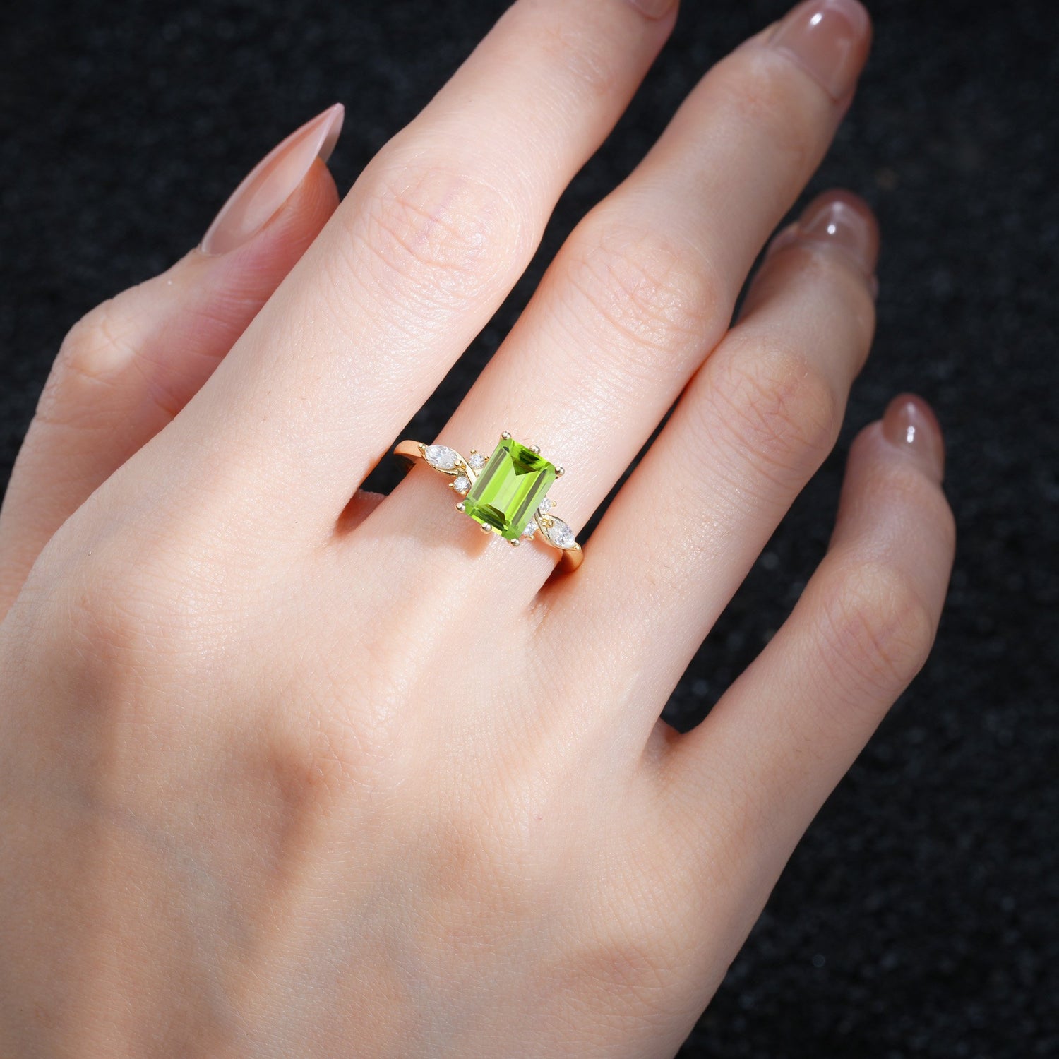 Classic Emerald Cut Leaf Side Accent Peridot Engagement Ring