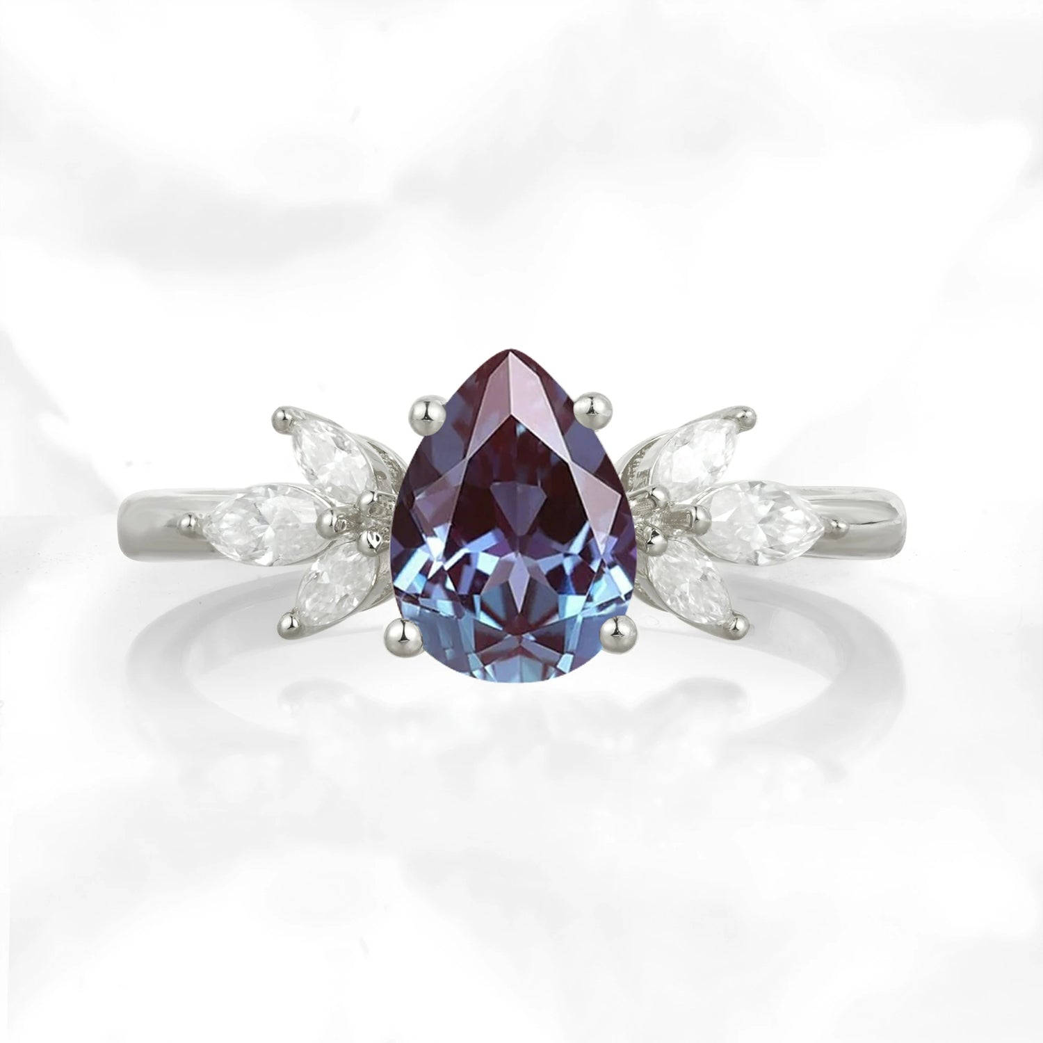 Elegant Pear-Shaped Alexandrite Engagement Ring with Floral Side Stones